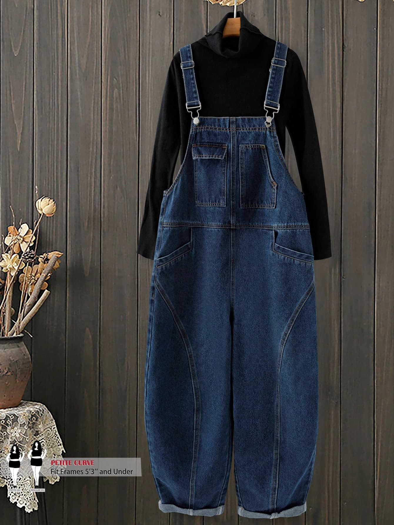 SHEIN PETITE CURVE Plus Size Denim Overalls For Women, Adjustable Strap Multi Pocket Loose Fit Jean Jumpsuit With Tapered Leg For Casual Streetwear & Everyday Outfits