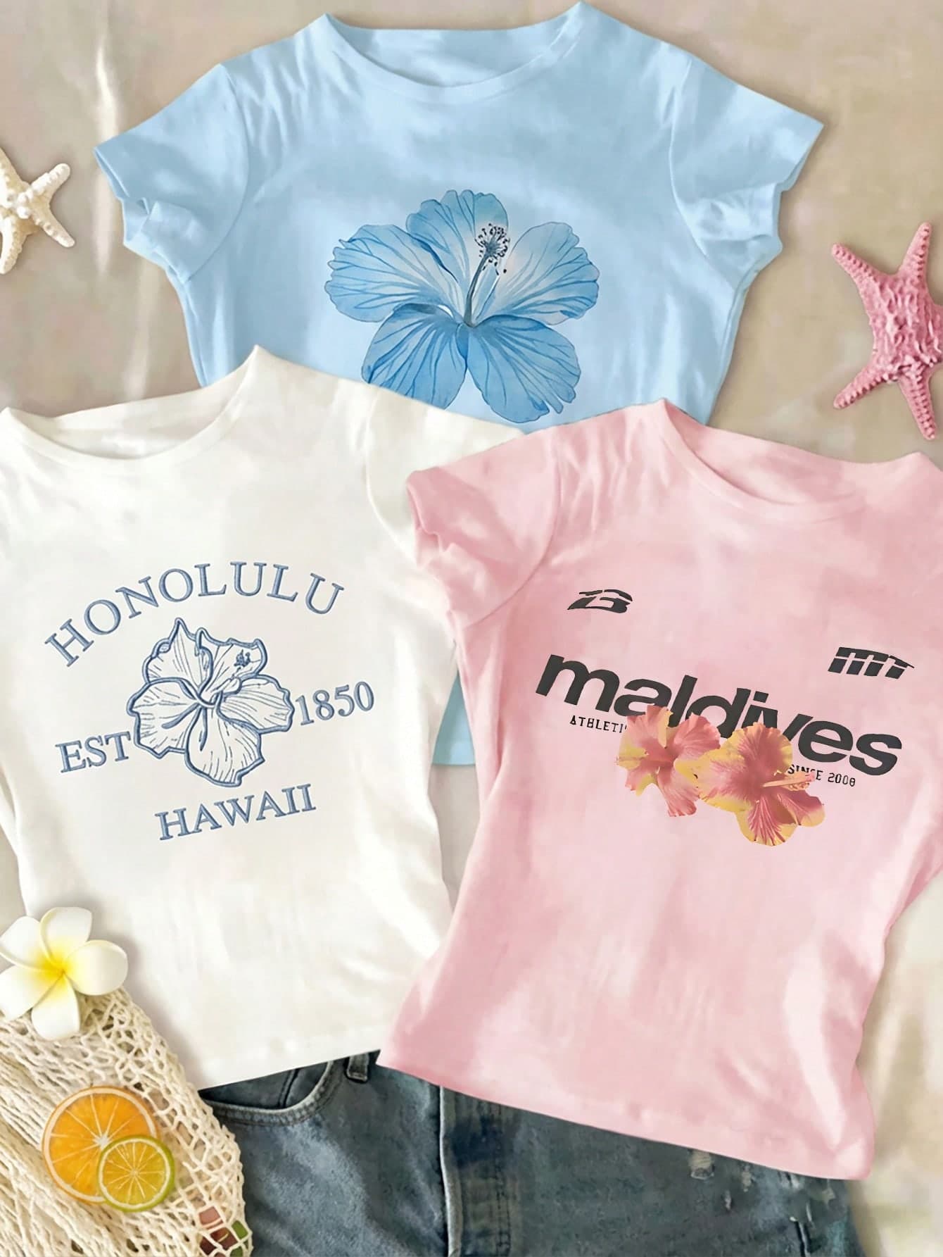SHEIN Sparklyn 3pcs/Set Teen Girls' Floral & English Graphic Print Cropped Short Sleeve T-Shirts,Casual & Comfortable White Summer Beach Vacation Holiday Gifts