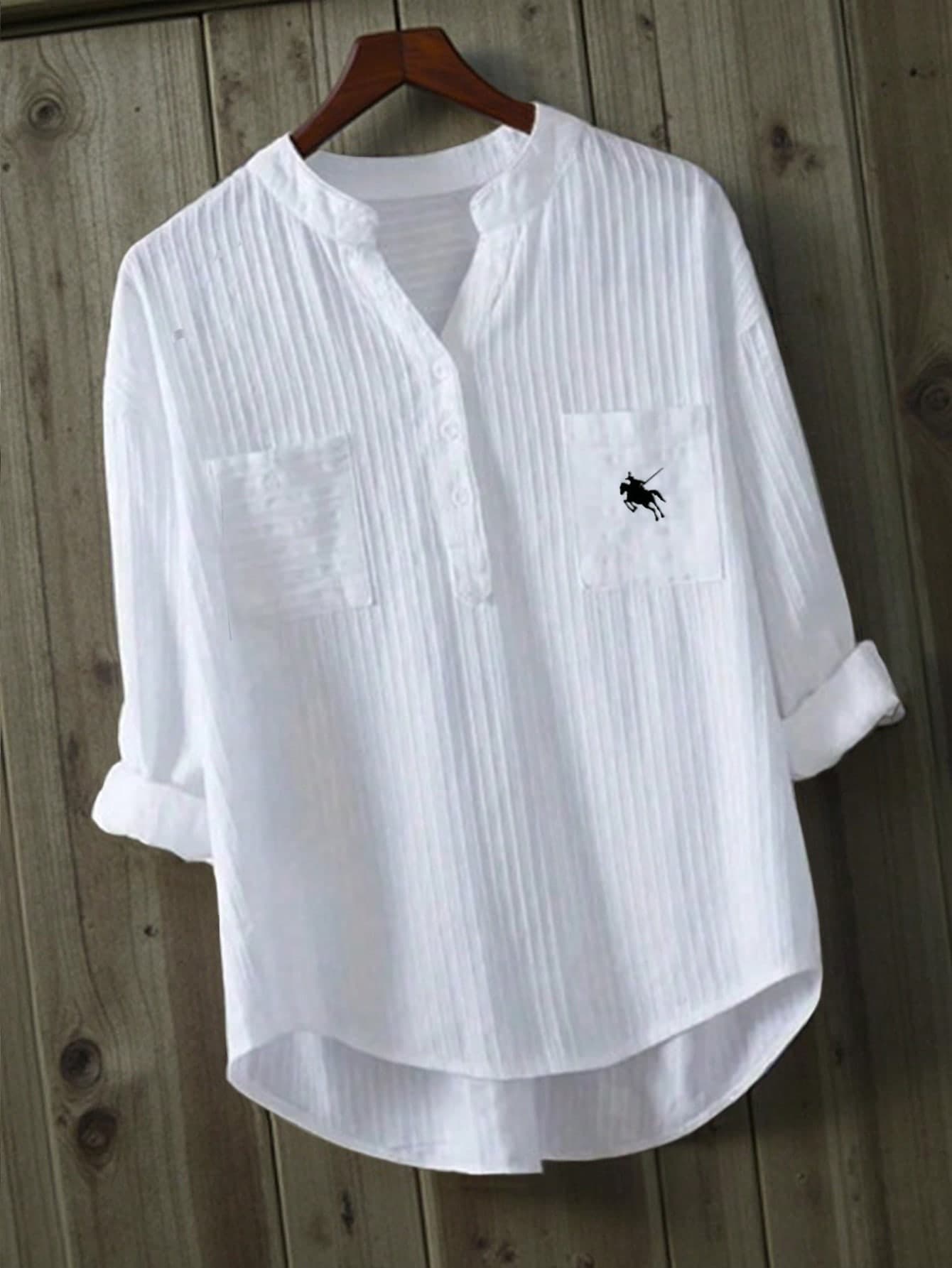 INAWLY Embroidered Collar White Striped Shirt, Loose Casual 3/4 Sleeve Textured Blouse For Women