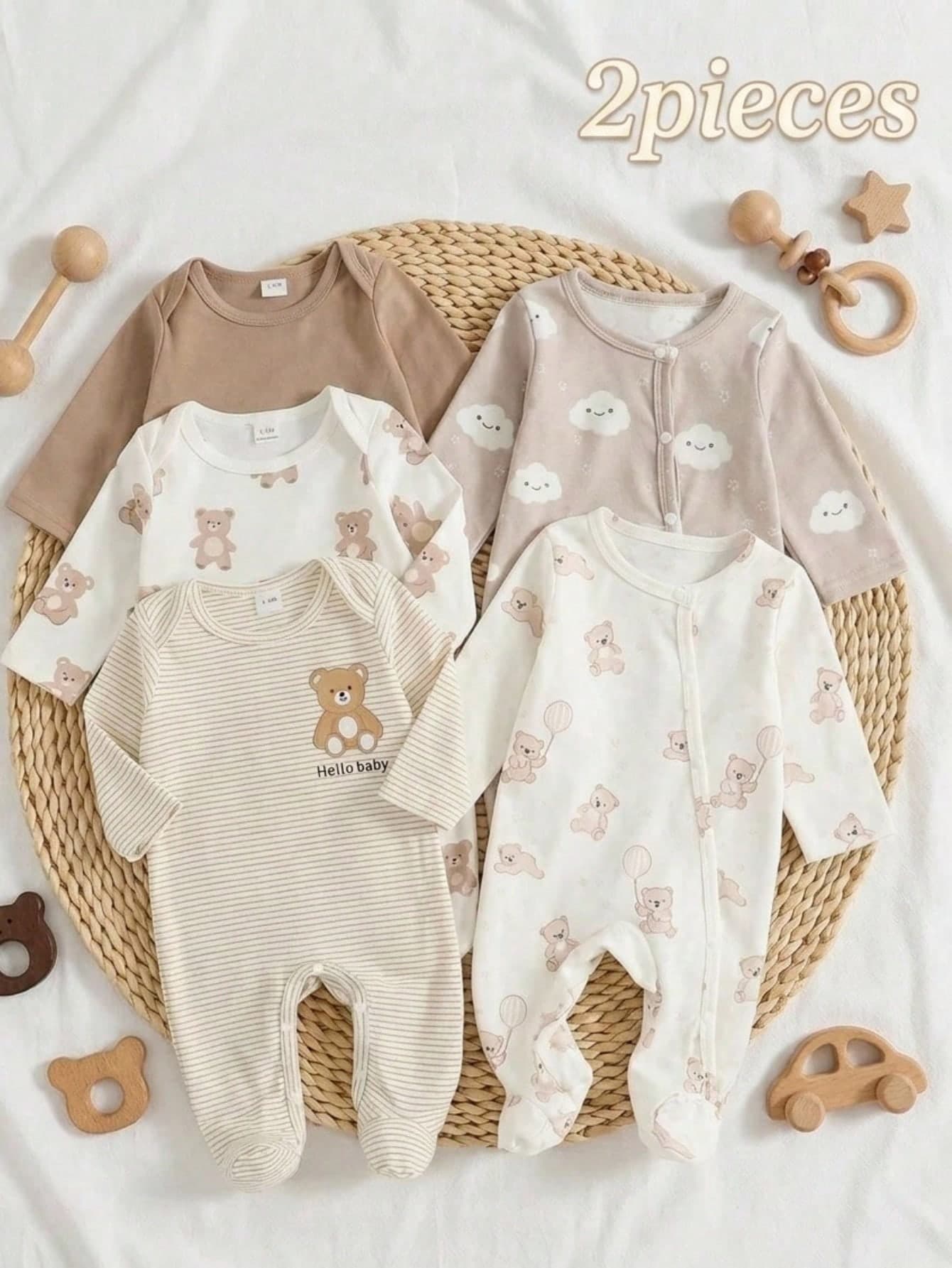 SHEIN 2 Packs Newborn Baby Rompers, Cute Cartoon Cloud, Star, Bear Digital Print, Soft & Comfortable Long Sleeve Footed Jumpsuit