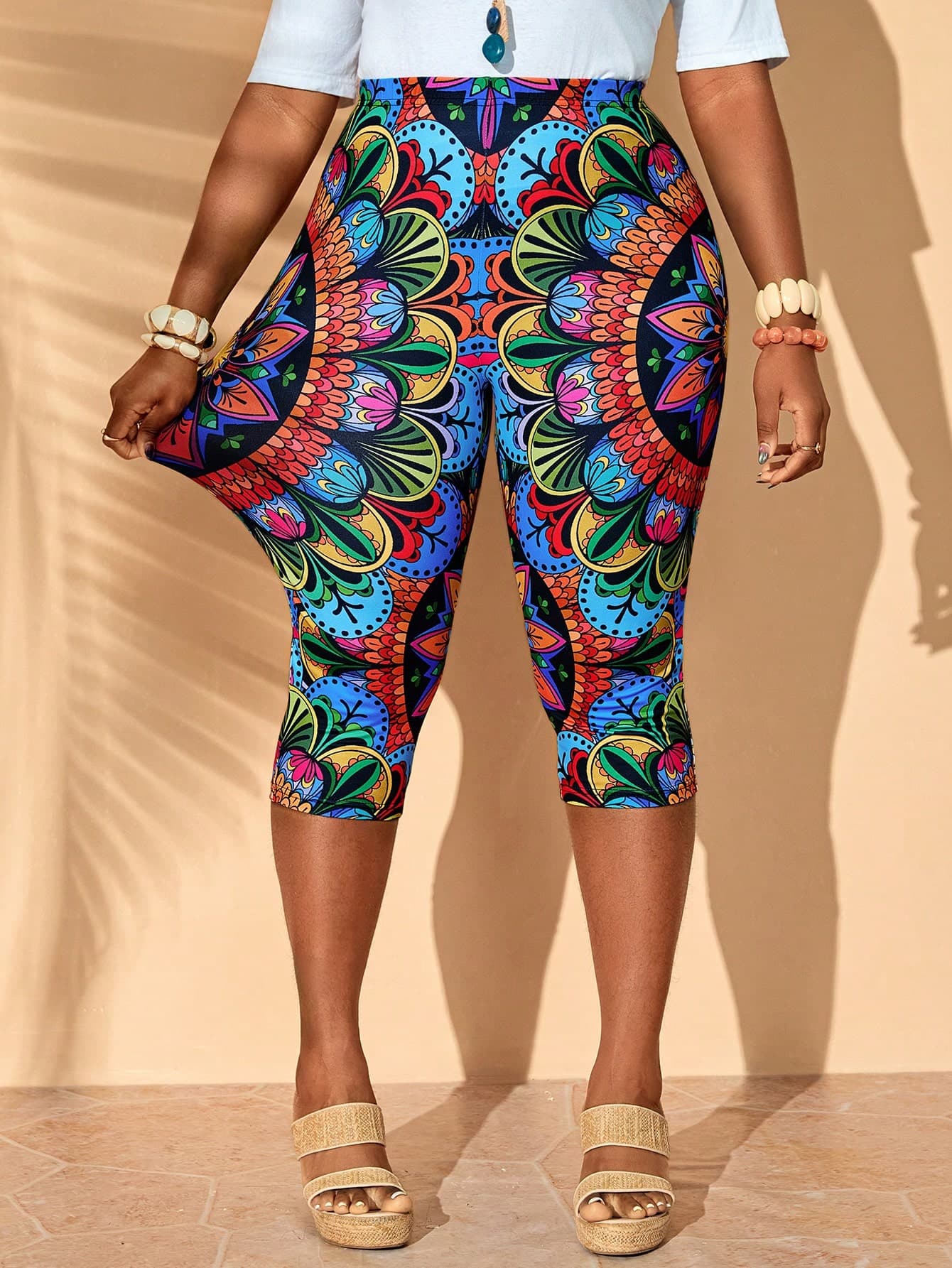 BrightlyHer Plus Size Floral Print Casual Boho Leggings Summer For Women Festival Beach Vacation Gym Royal Blue