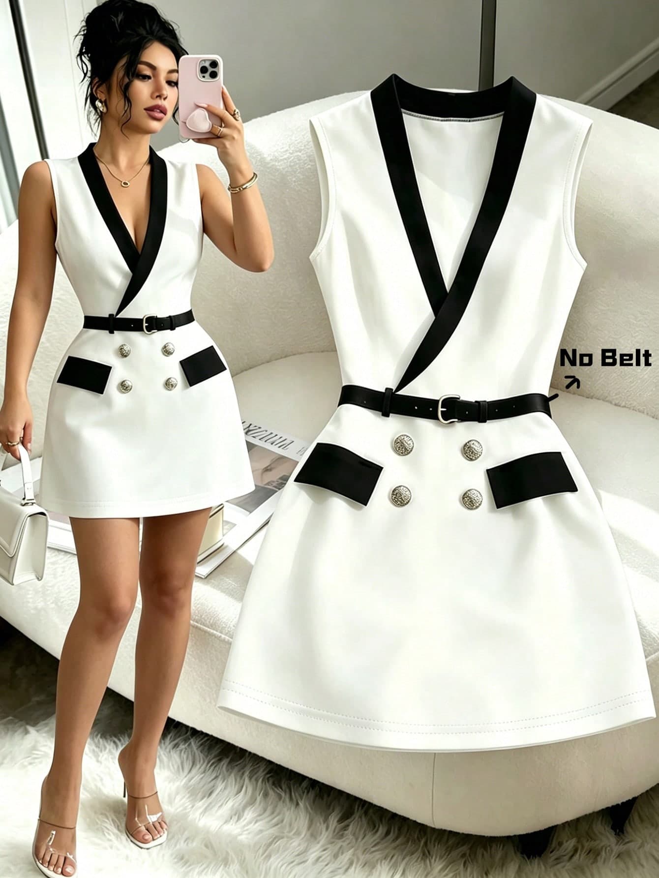 SHEIN Raffinéa Women's Elegant Black And White Summer Mini Dress,Cross-Neck Color-Blocked Metallic Flap Office Work Dress,Fashionable Party Business Commuter Wear
