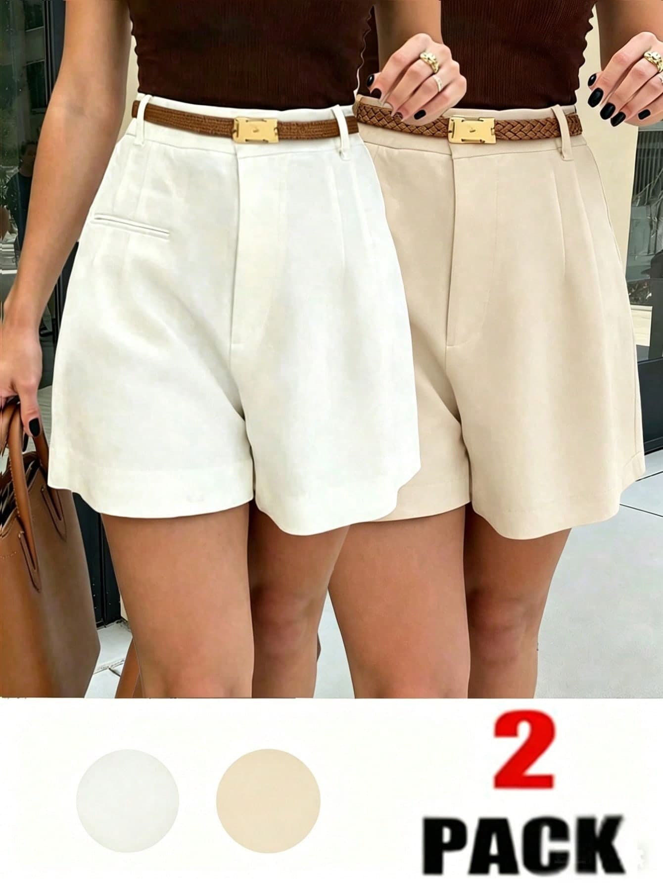 EMERY ROSE 2pcs Women's Casual Zipper Shorts, Suitable For Daily Commute And Office Wear