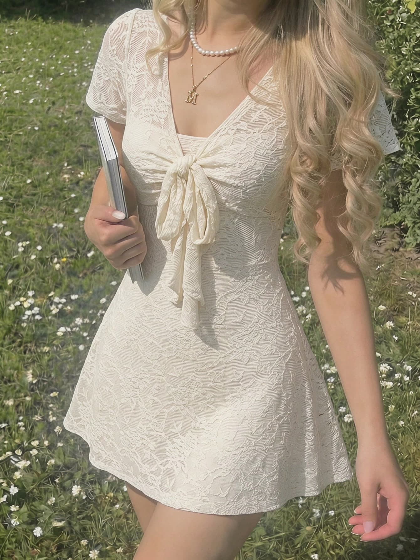 Skyraze Women's Bow Tie Strap Mini White Lace Dresses,Elegant Chic Creamy Cocktail Dress,Short Sleeves Flattering Tie Front Summer,Picnic,Vacation Outfit