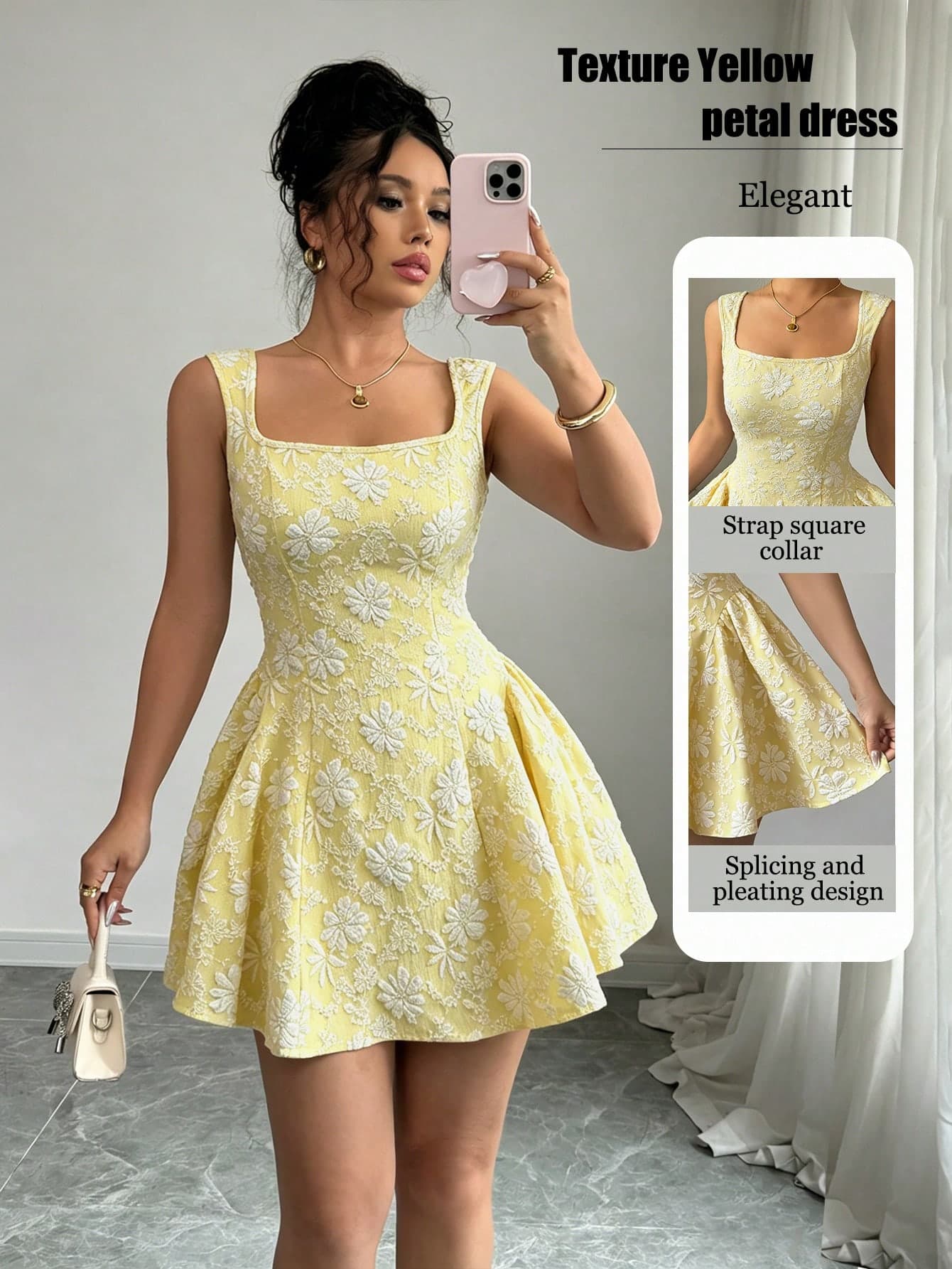 Rafferiza Women's Yellow Summer Elegant Tea Party Textured Jacquard Wide Collar Sleeveless Waist Gathered Mini Dress, For Graduation,Prom & Vacation