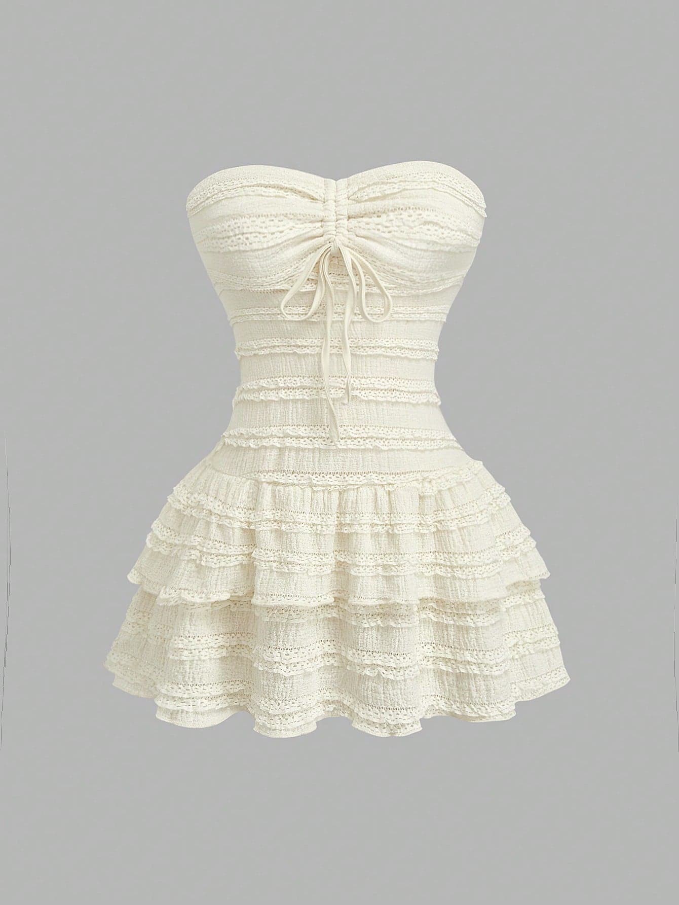 Sweetra Women's Apricot Casual Vacation Strapless Drawstring Textured Waist Fitted Double Ruffle Hem Dress, Spring/Summer