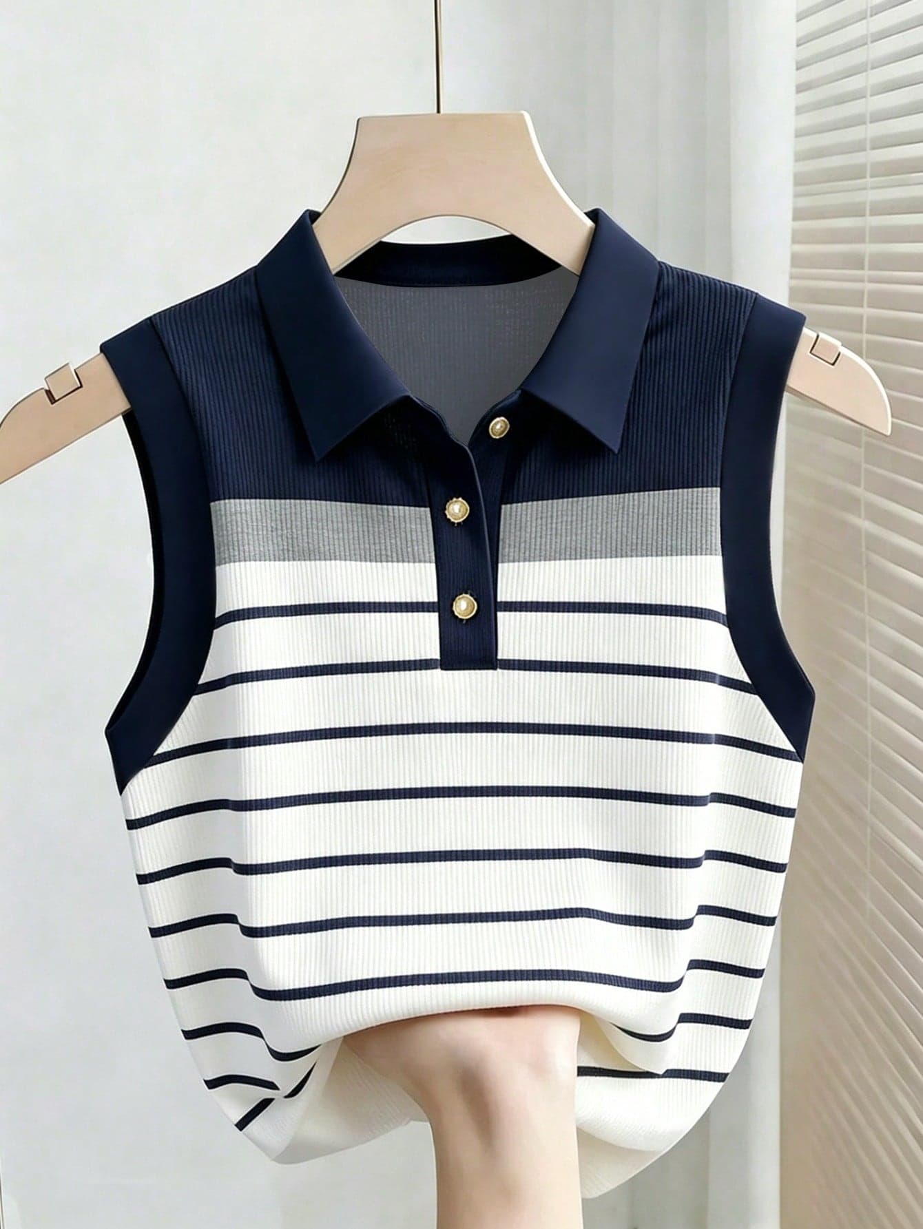 Resyla Women's Striped Polo Collar Casual Versatile Tank Top