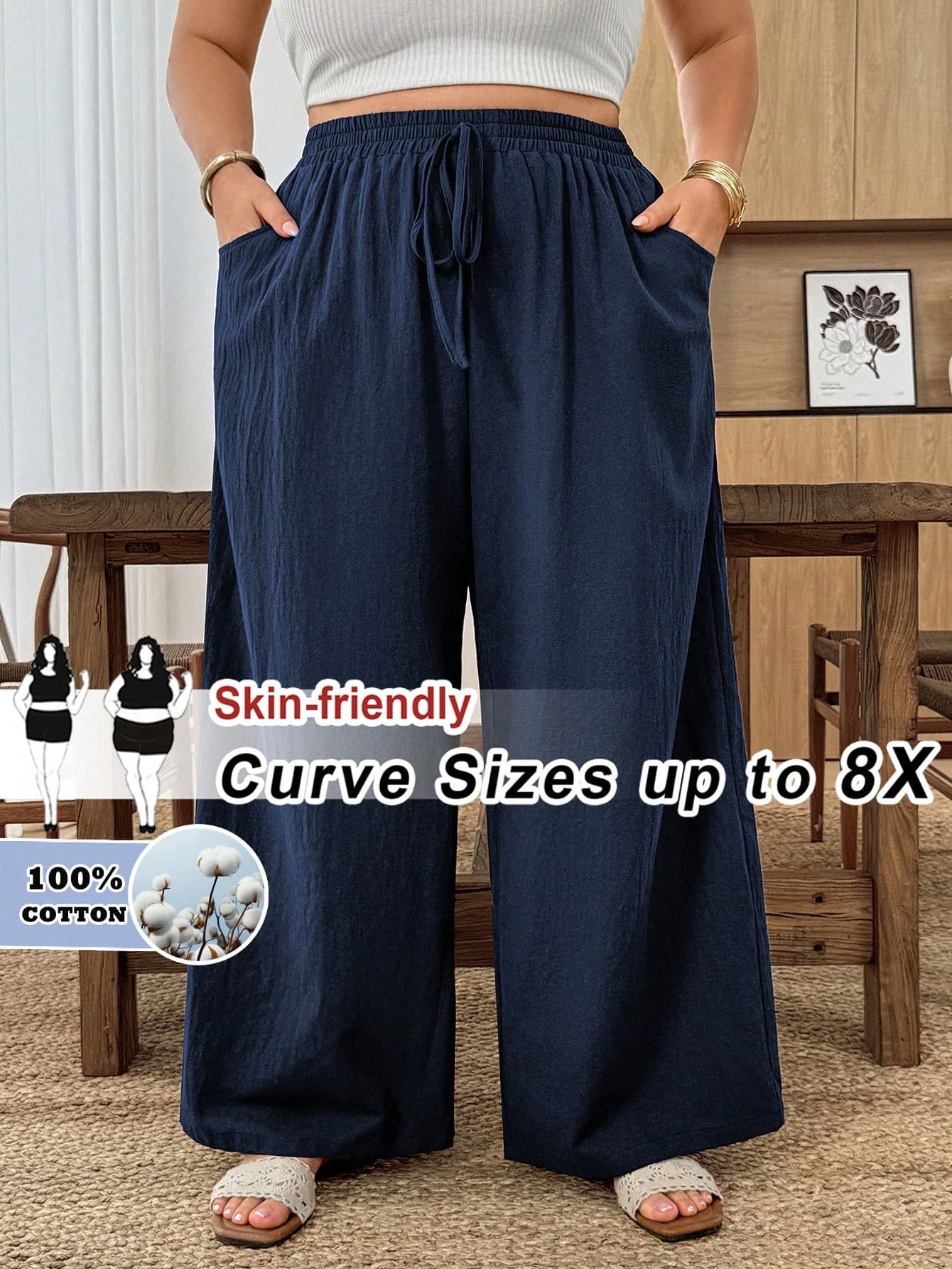 SHEIN CURVE+ Plus Size Women Navy Blue Wide-Leg Pants With Pockets,Elegant Smart Casual Business Commute Everyday Autumn Summer Casual Beach Outfits,Lotus Pink