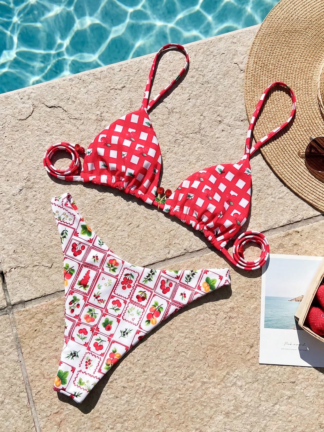 Swim Mod 2pcs/Set Women's Red Cherry Cute Summer Holiday Beach Outfit, Pool Party Floral Plaid Fruit Print Halter Backless Tie Bikini Top And Bottoms