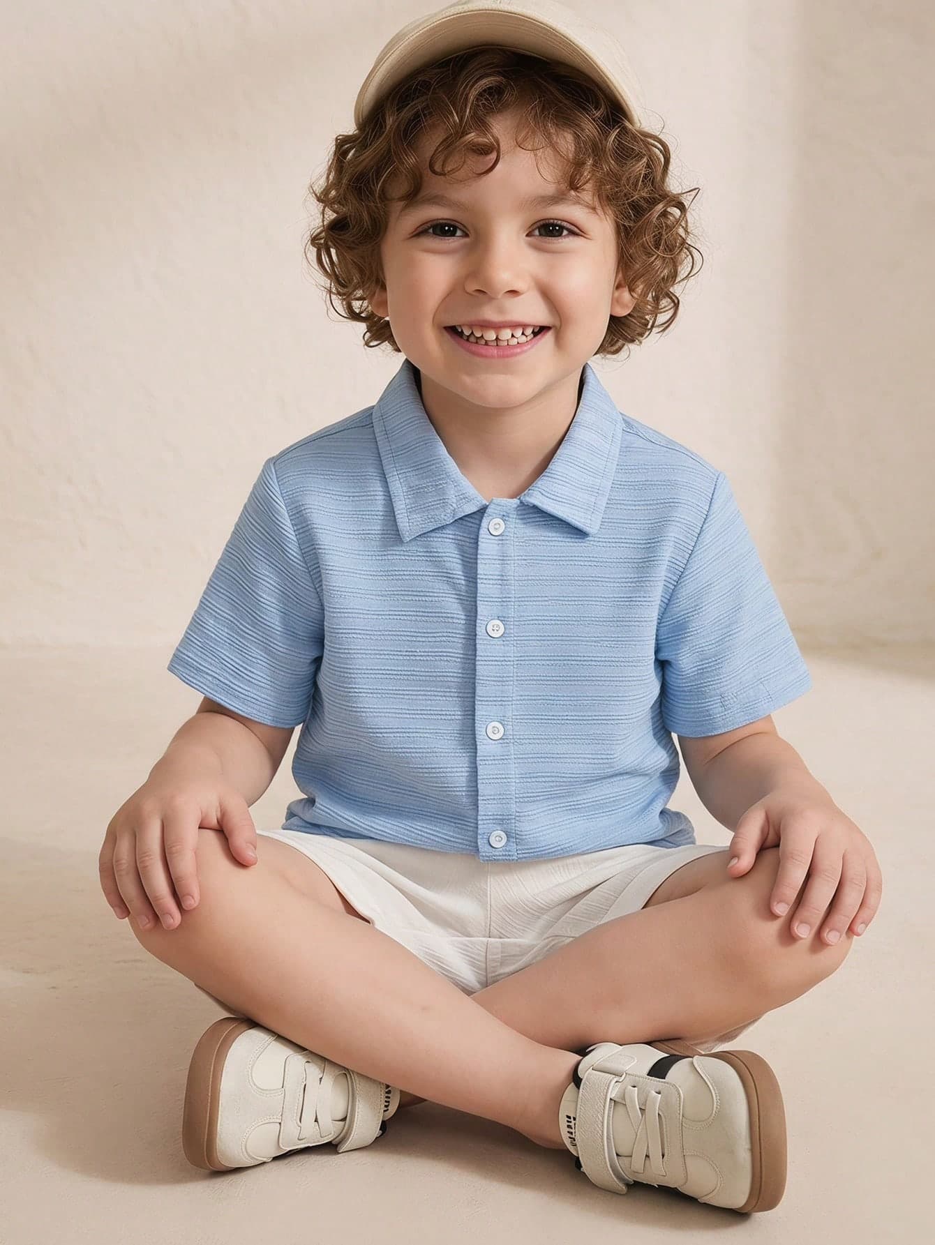 PrepCrw 2pcs Kids Boys Blue Striped Jacquard Polo Shirt And White Shorts Set,Loose Fit Casual Sports Summer Outfits For Back To School,Daily Wear,Spring