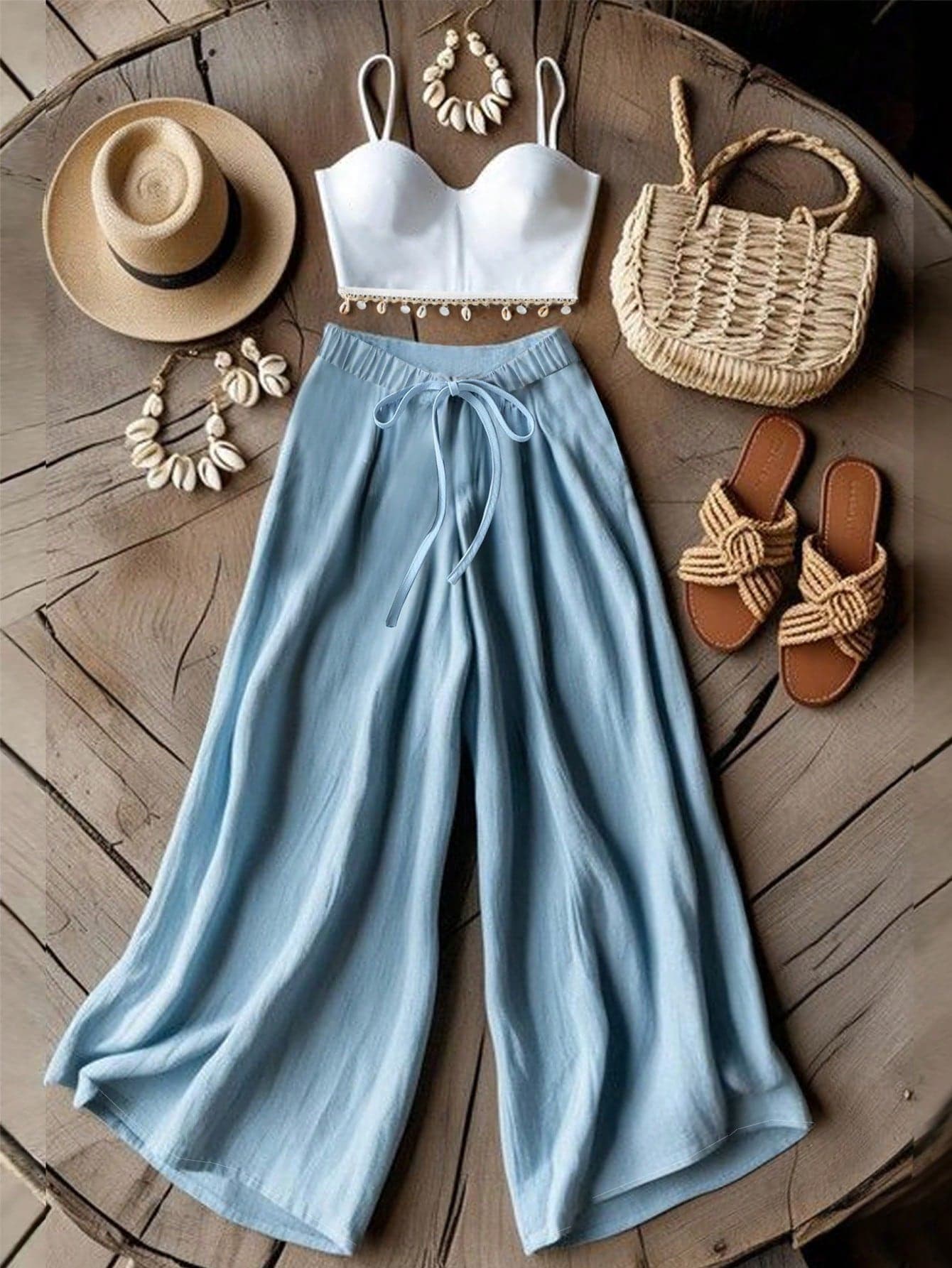 Franclia Women's Vacation Casual Pendant Decor Camisole And Loose Pants 2 Pieces Set