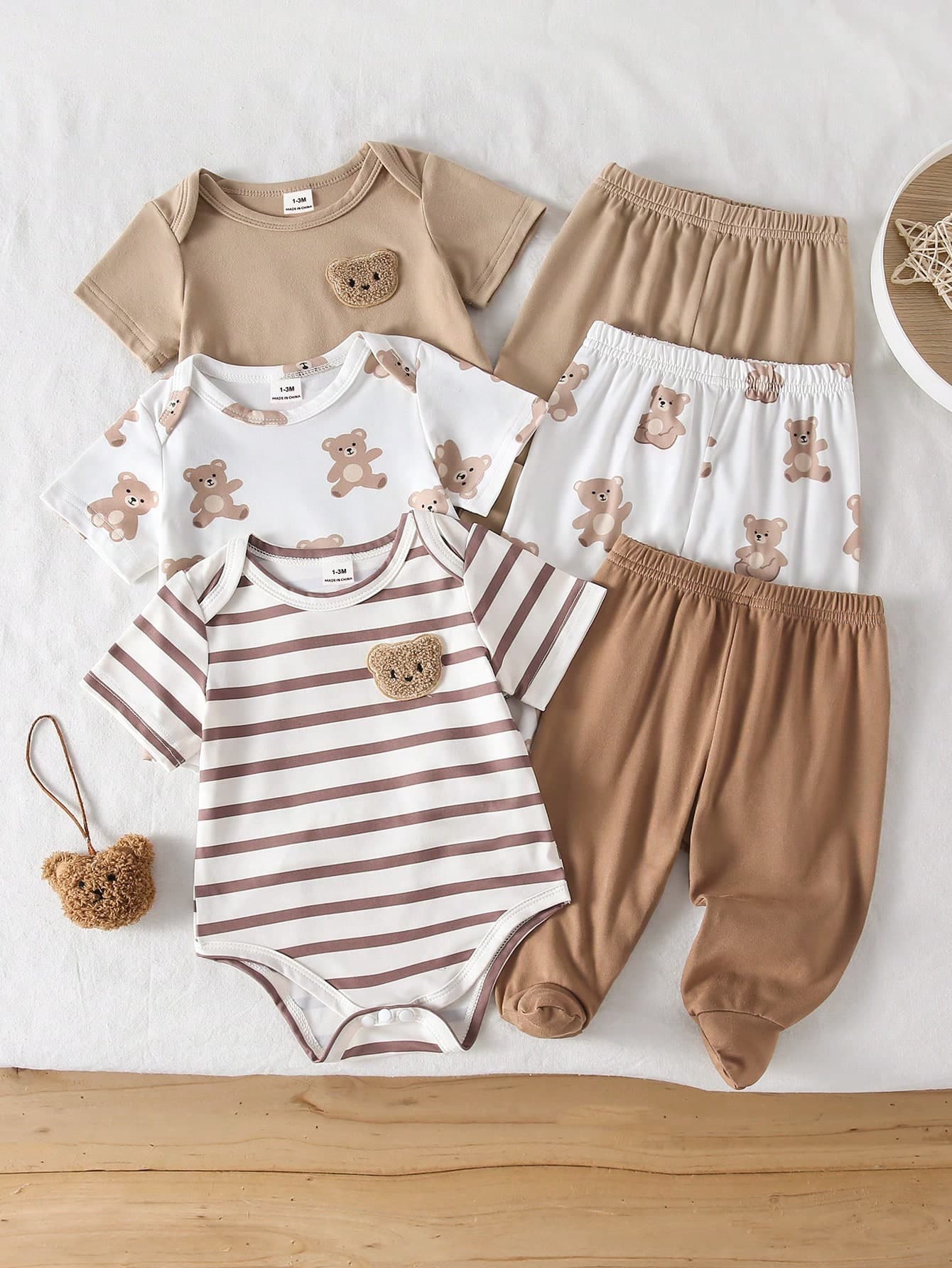SHEIN Playful Pals 6pcs/3sets Newborn Short Sleeve Romper & Pants Set, Soft Knit Fabric, Cute Bear Pattern