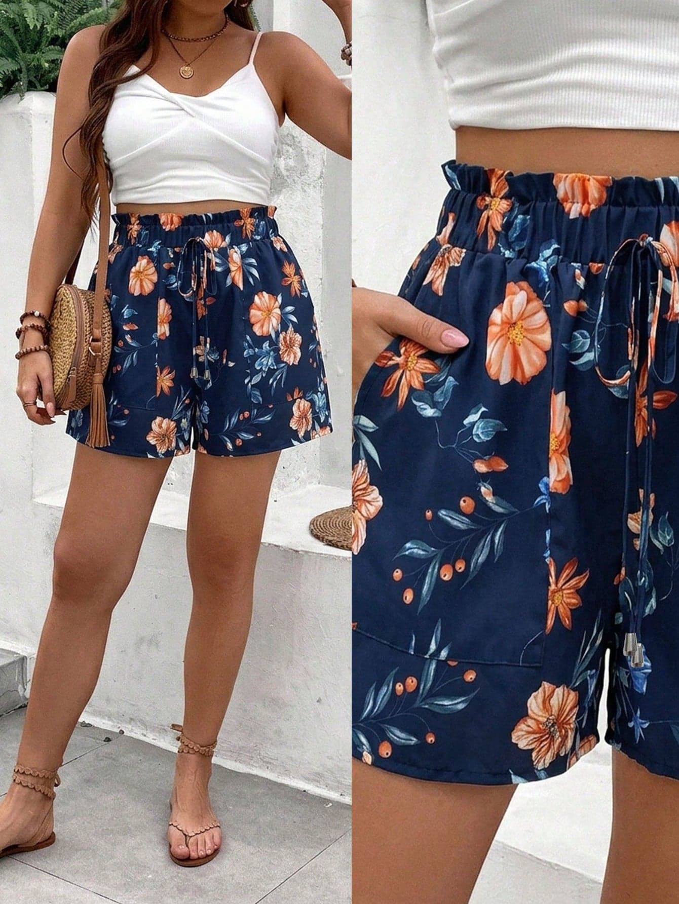 Breezaya Women's Elegant Casual Floral Ruffle Waist Shorts