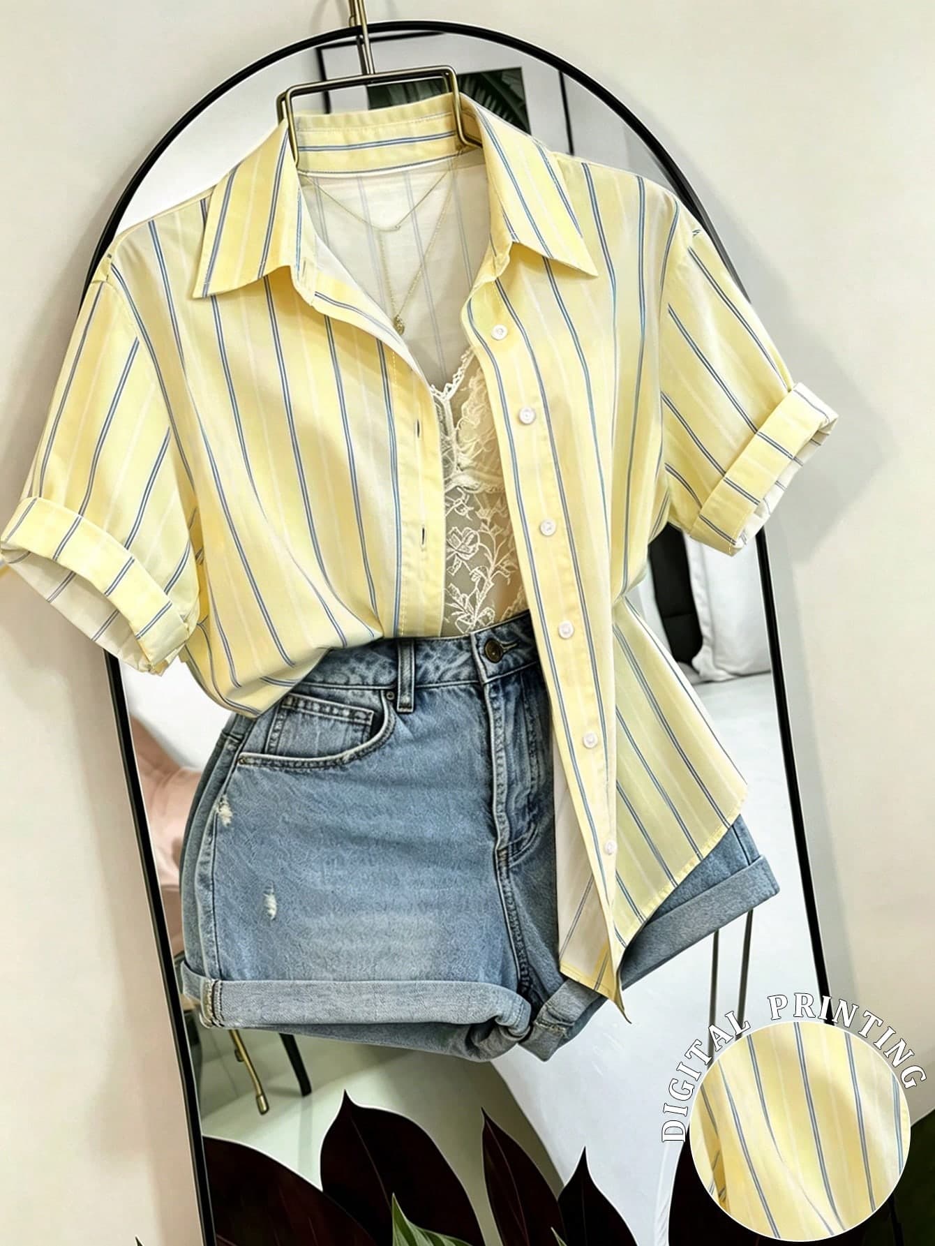 Franclia Women's Striped Single-Breasted Casual Loose Short Sleeve Shirt