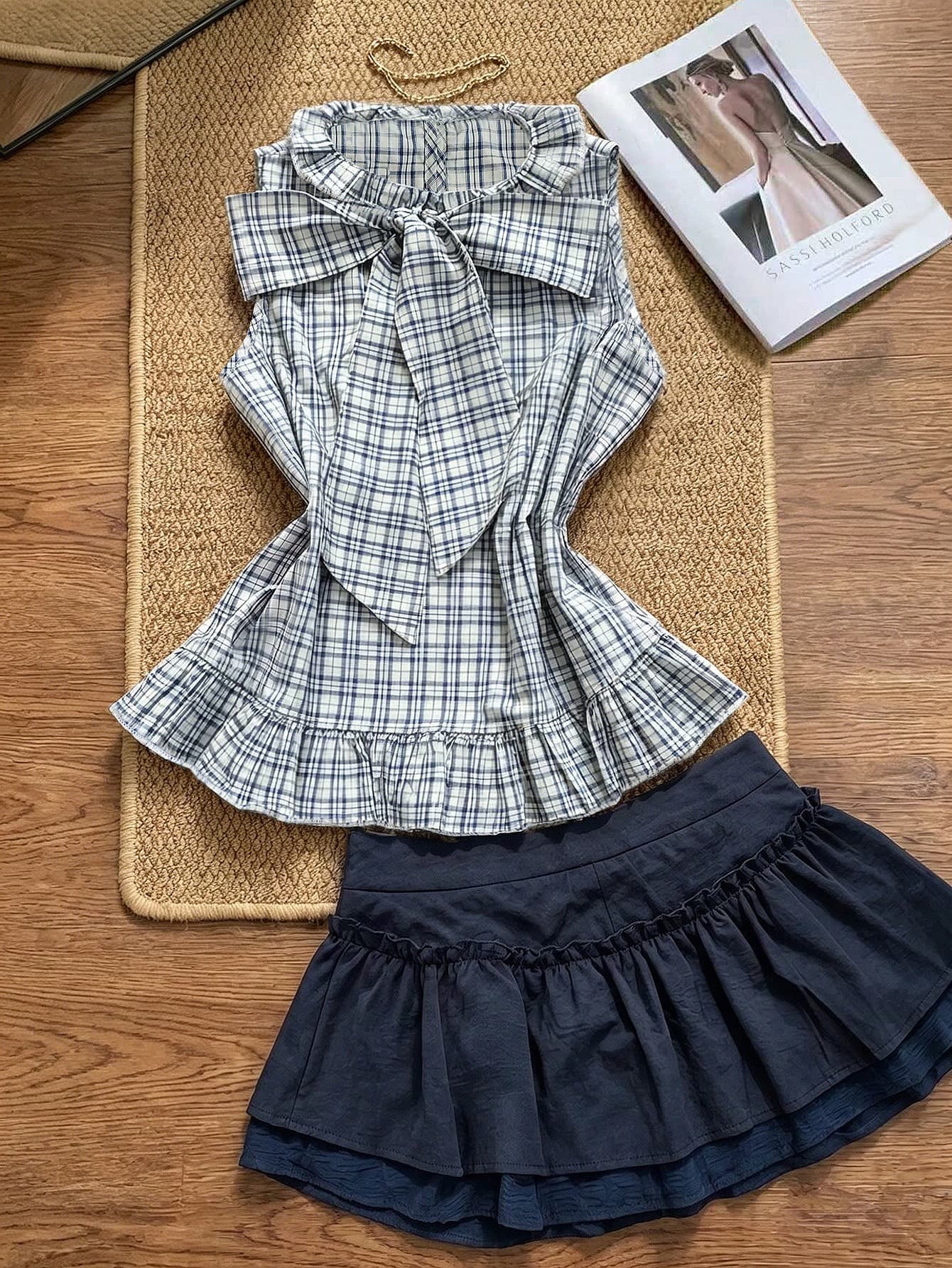 INAWLY Vintage Girl Plaid Tie-Up Ruffle Hem Top And Layered Mini Skirt Set