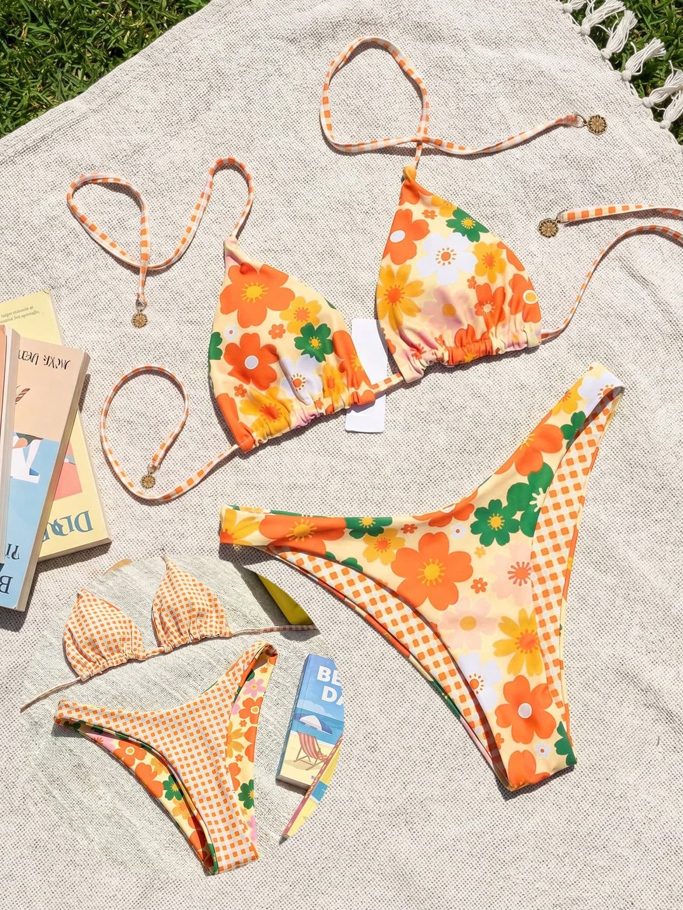 Swim Mod 2pcs/Set Women's Beach Vacation Outfit,Yellow Summer Casual Tropical Reversible Floral Plaid Print Triangle Top And Bikini Bottoms