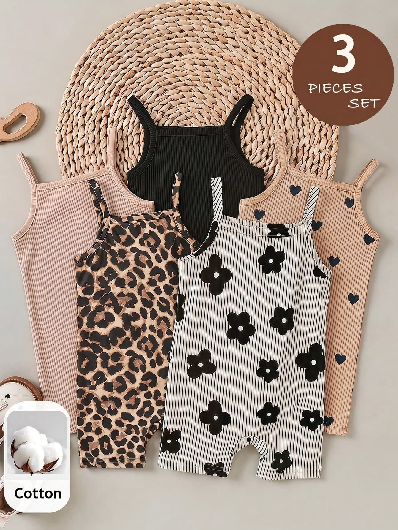 SHEIN 3pcs Baby Girl Leopard Print & Solid Color Romper Set, Casual & Fashionable