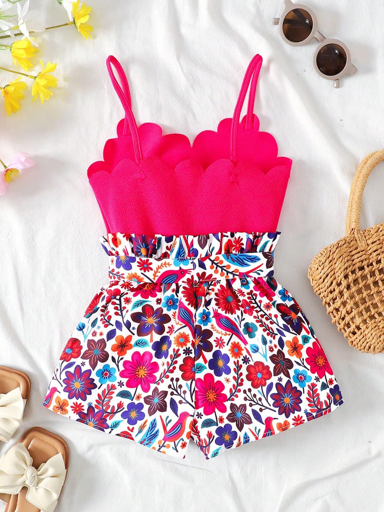 SHEIN Young Girl Casual Daily Red Patchwork Colorful Print Jumpsuit