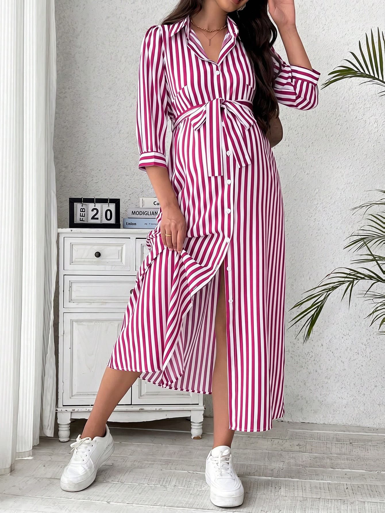 SHEIN White Print Long Sleeve Shirt Dress Maternity Photoshoot Autumn Casual