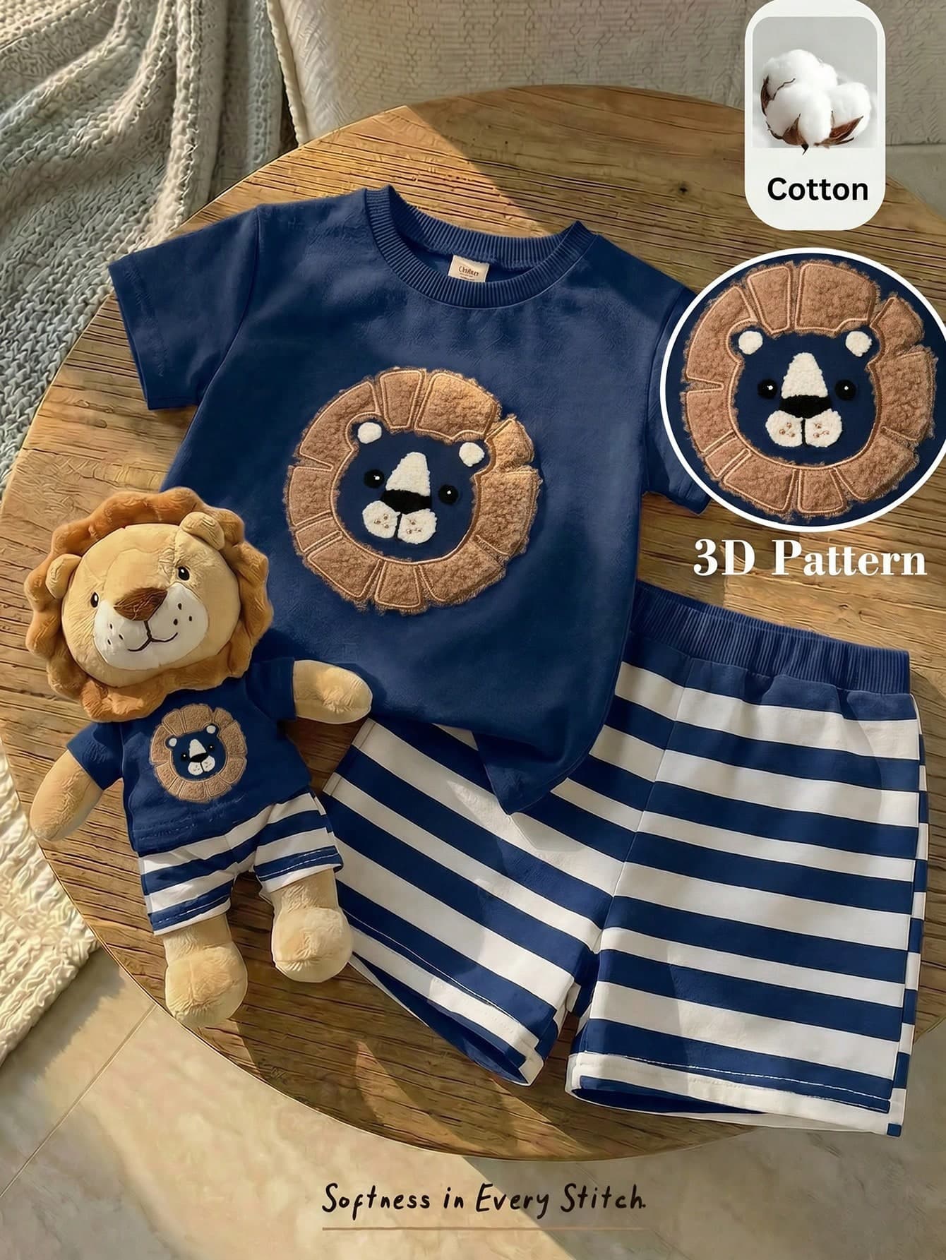 Cozy Pixies 2pcs Baby Boy Cartoon Bear Pattern Knit Soft Crew Neck Short Sleeve Top And Striped Shorts Set