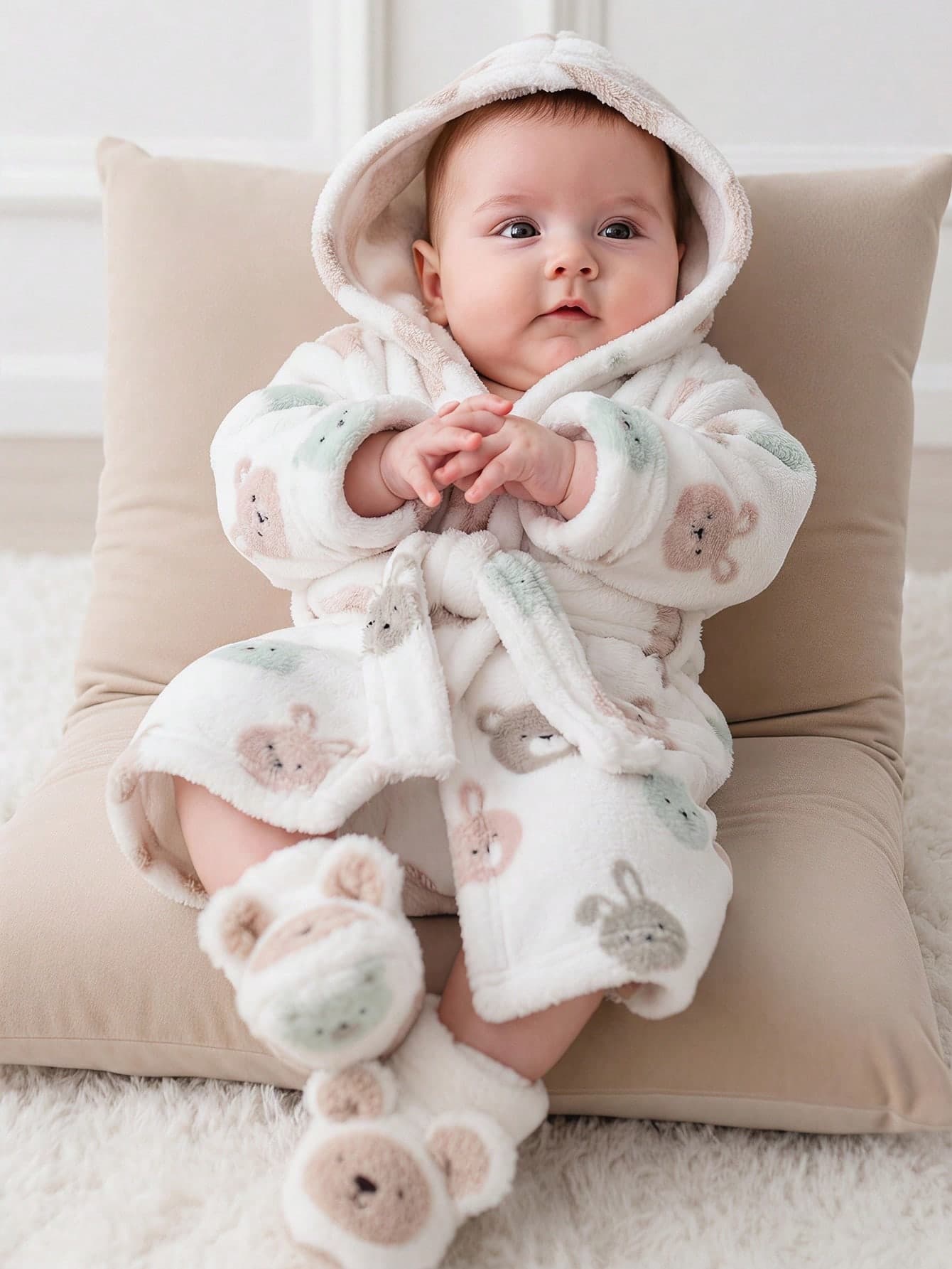Newborn Baby Boy/Girl Cartoon Animal Prin TPattern Fleece Thick Hooded Long Sleeve Tie-Front Robe Autumn Winter