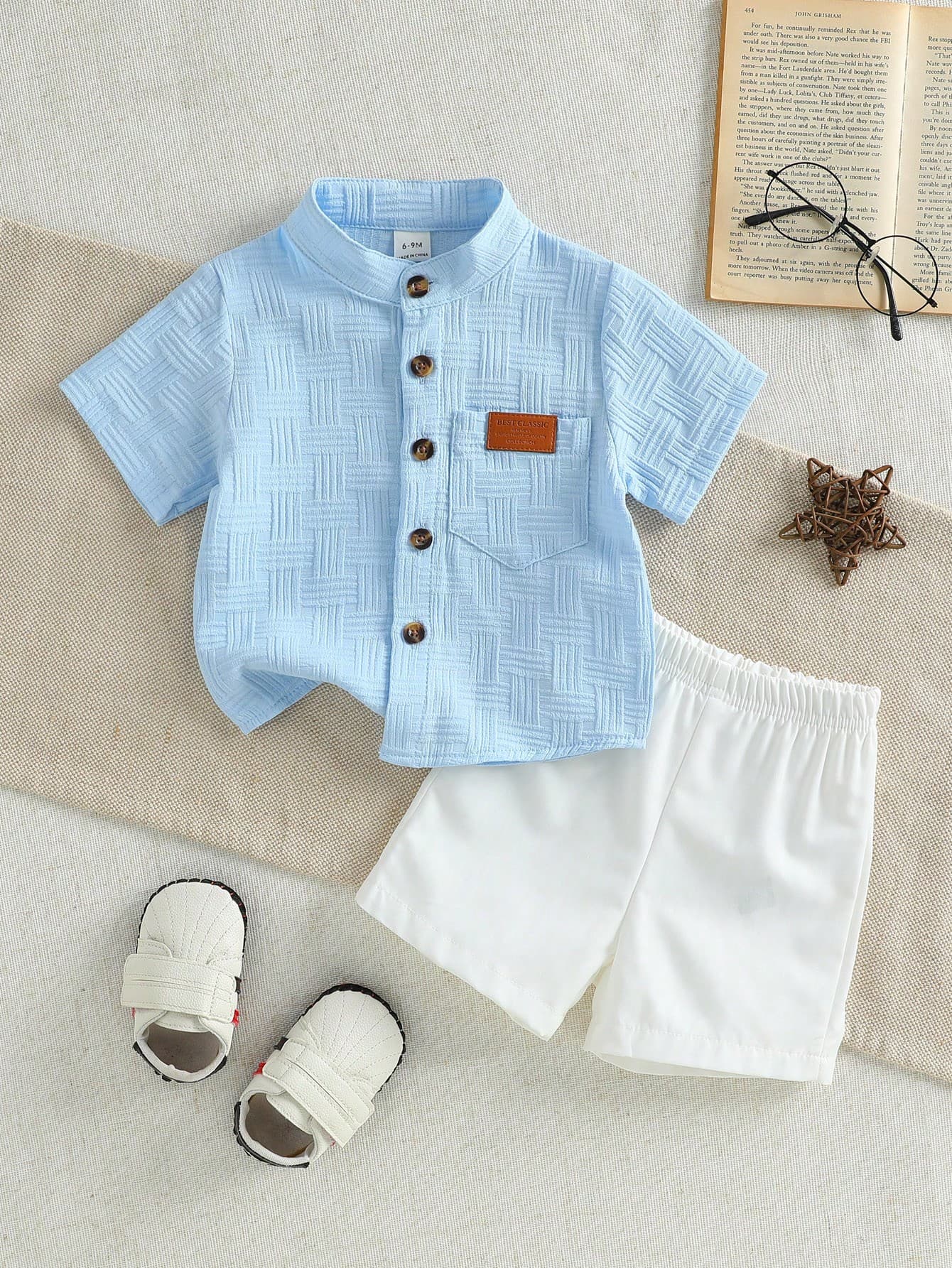 Souflis Souflis Baby Boy Single-Breasted Short Sleeve Top And Shorts Casual Daily Outfit, Suitable For Dining, Party, Birthday
