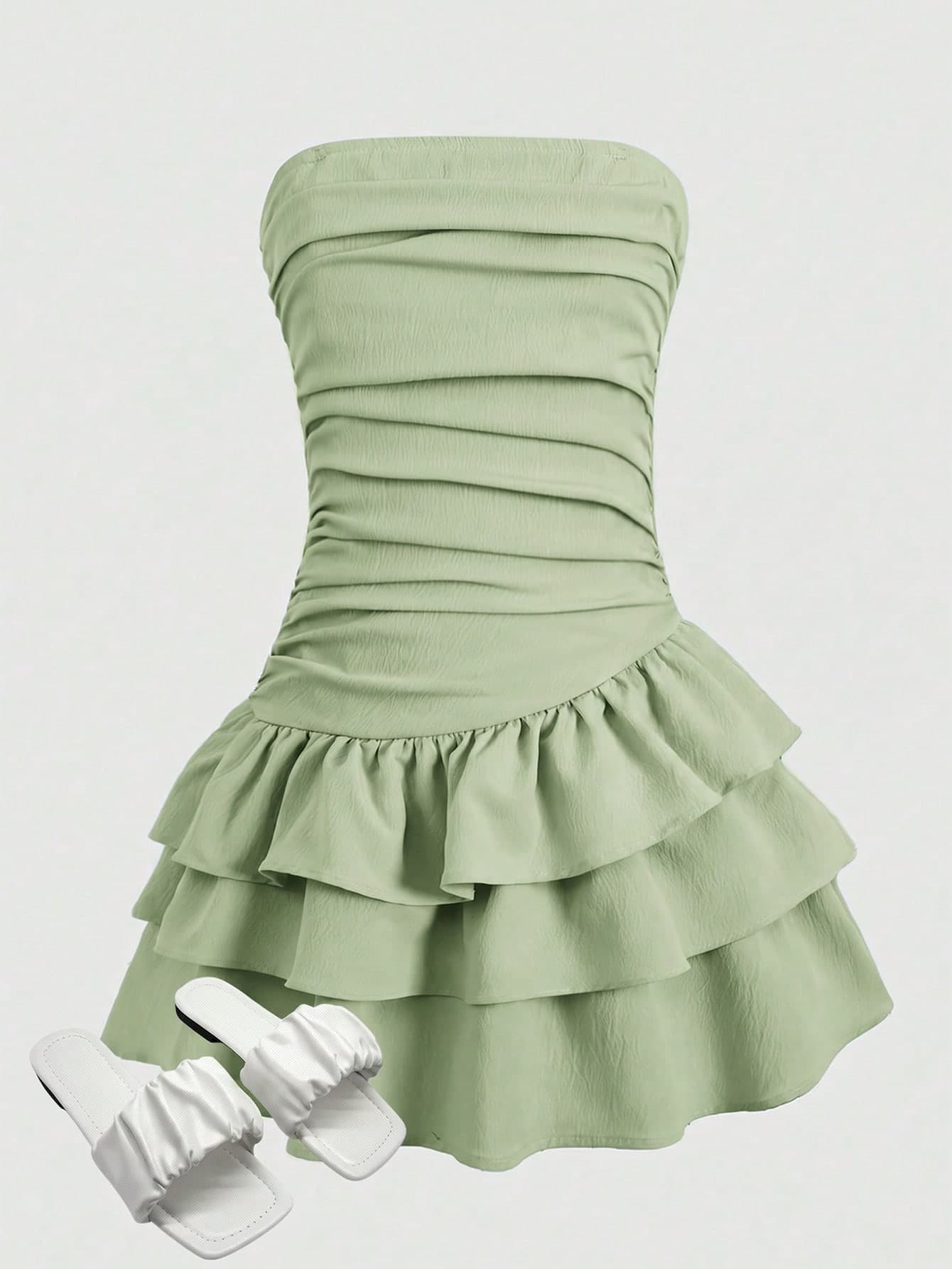 SHEIN Girlism Tween Girl/Tween Girls' Summer Casual Vacation Minimalist Comfortable Layered Ruffle Trim Tube Top Dress