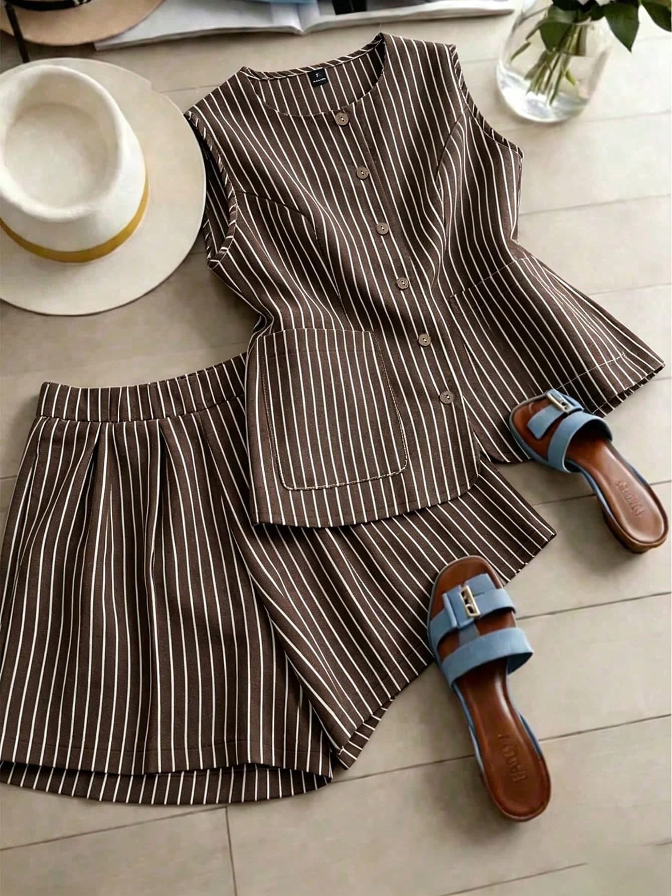 GlowEve Women's Woven Summer Brown Striped Two Pieces Set With Elegant Casual Style Holiday Vacation