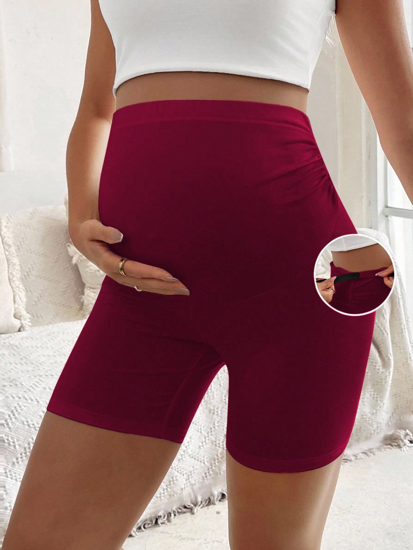 SHEIN Maternity Leggings Ruched Shorts Sportswear Burgundy Summer