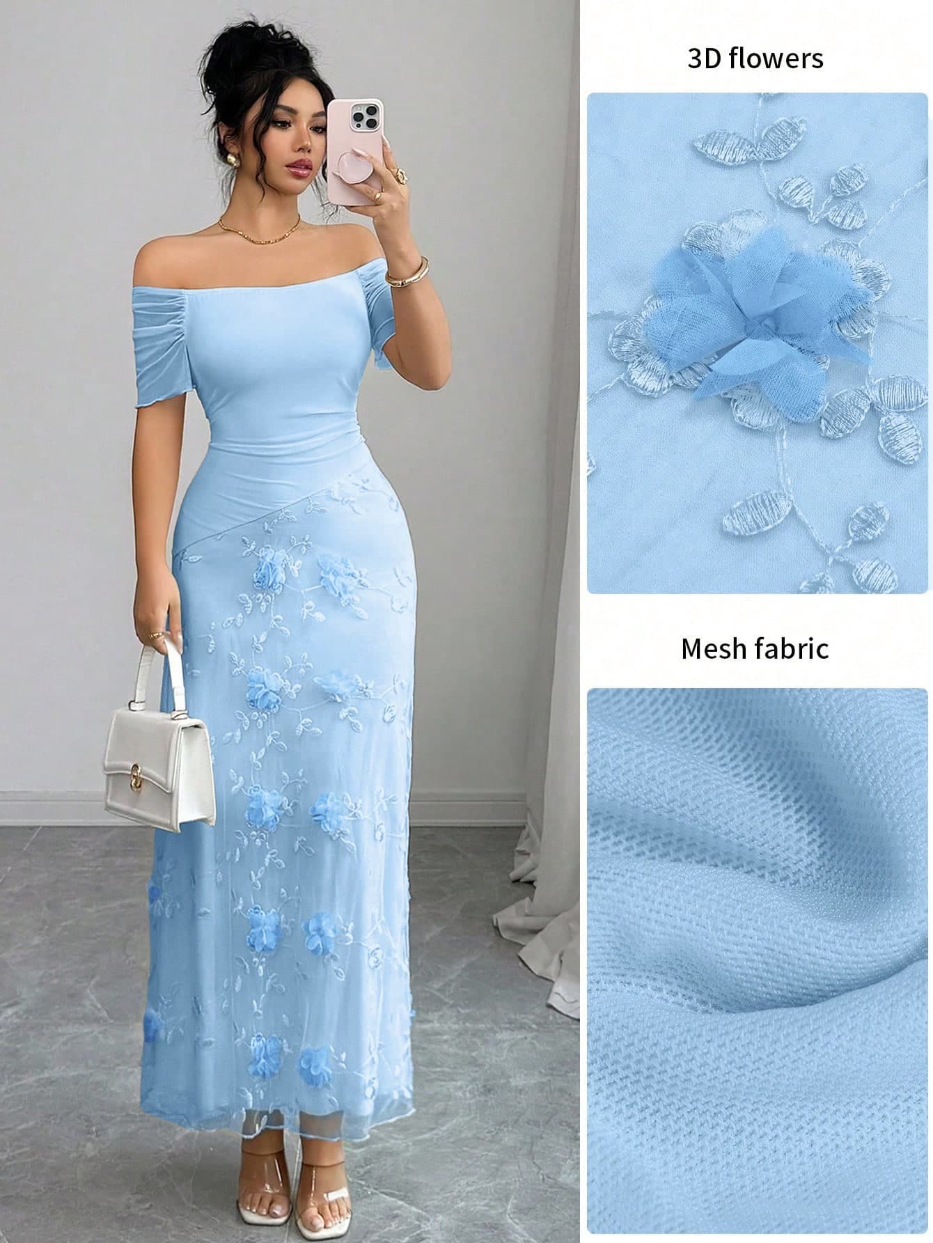 Modelyn Women's Elegant Off Shoulder Mesh Embroidered Floral Midi Dress, Suitable For Parties And Gatherings In Spring/Summer
