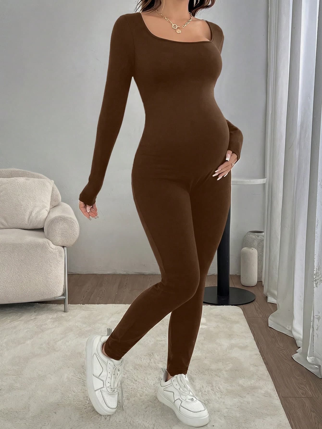 SHEIN Maternity Solid Color Scoop Neck Long Sleeve Comfortable Breathable Casual Maternity Jumpsuit Photoshoot Autumn