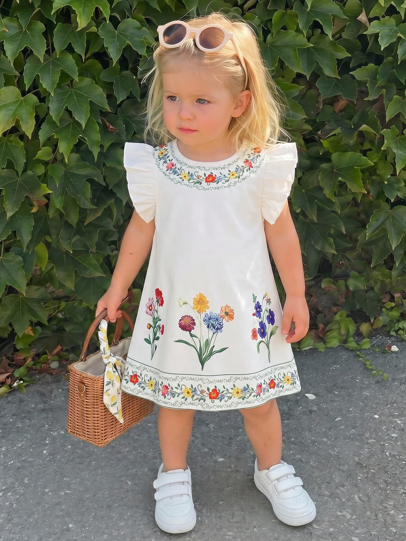 Cozy Pixies Baby Girl White Floral Summer Casual Dress,Cute Round Neck Squishy Fashionable Versatile For Daily,Vacation,Camping,Matching Sister & Parent-Child