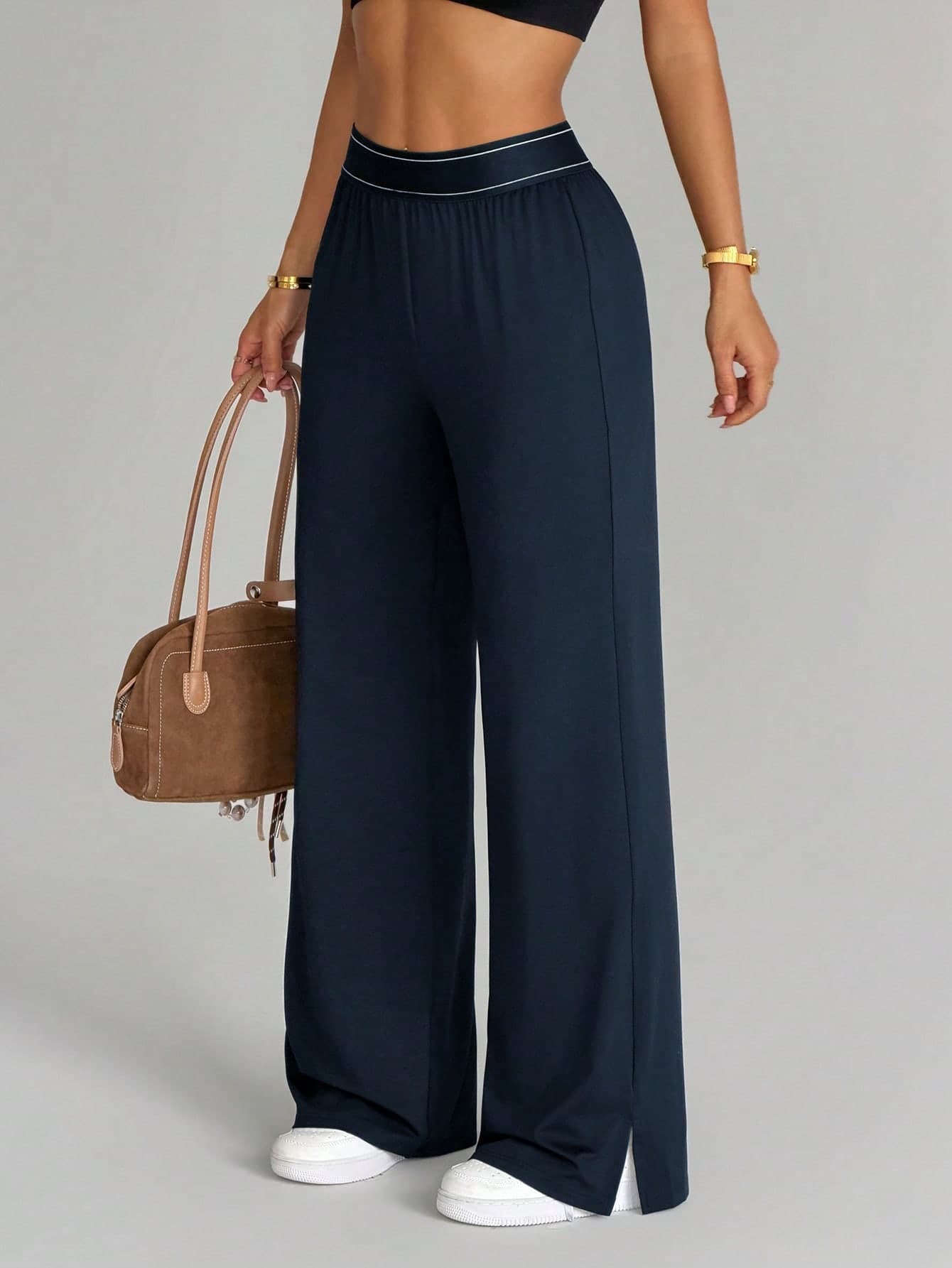 SHEIN With My Calm Casual Versatile Black High Elastic Waistband Side Slit Design Comfortable Slimming Sports Pants