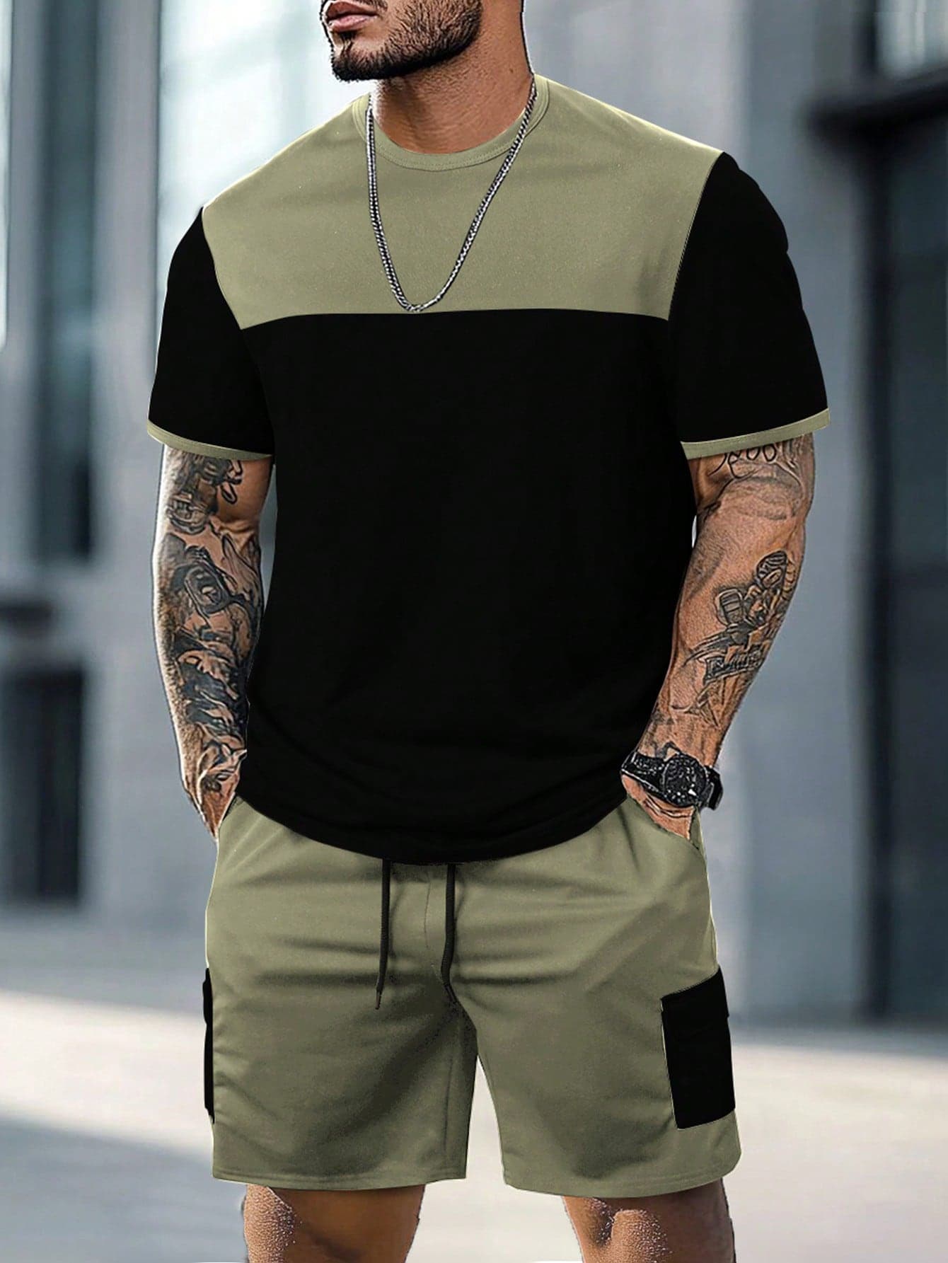 Manfinity Homme Men's Color Block Round Neck Short Sleeve T-Shirt And Drawstring Waist Shorts Casual Daily Outfit Mens 2 Piece Outfits Summer Men S Set
