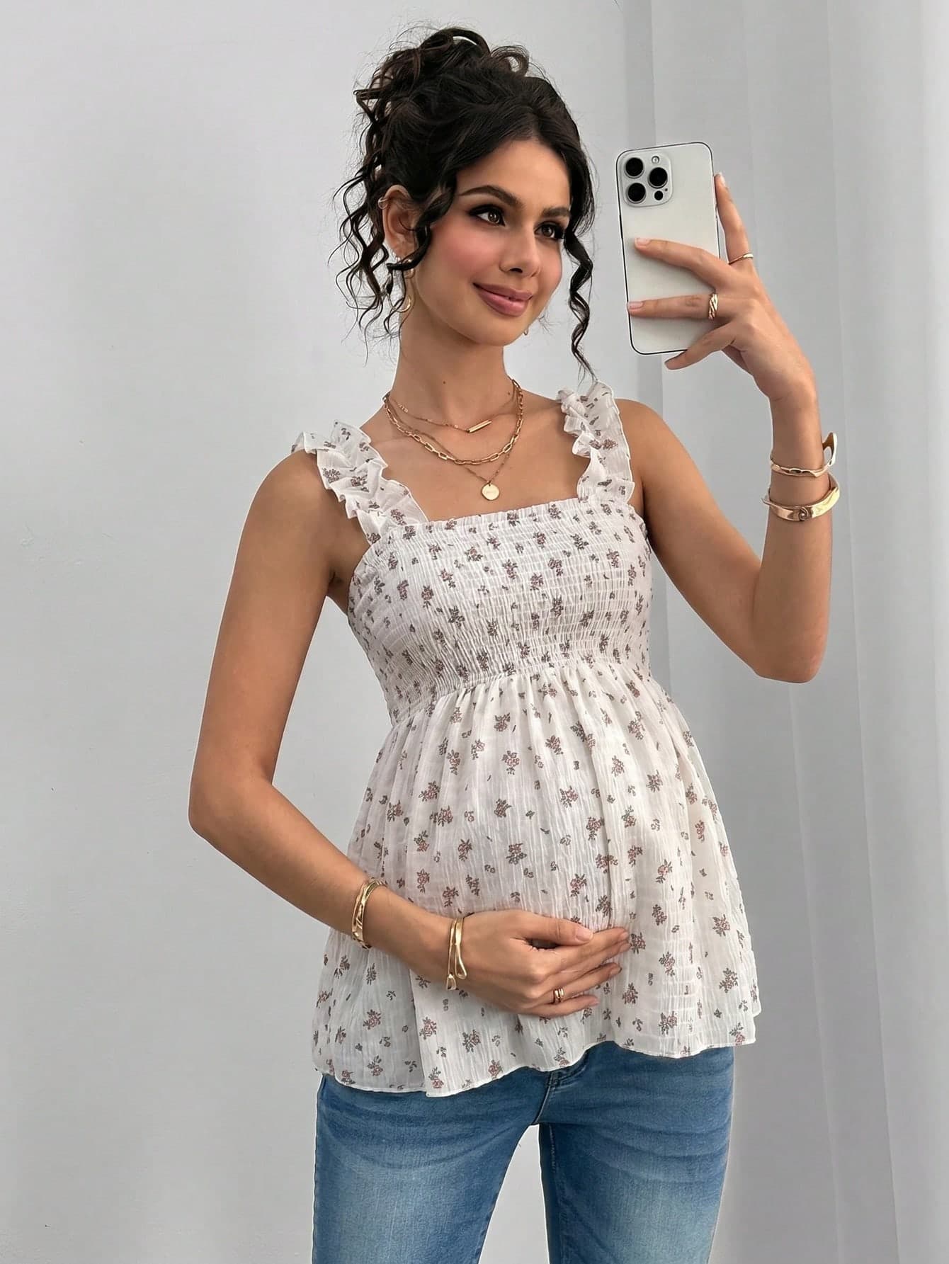 Momance Maternity Summer Casual Vacation Ditsy Floral Frill Trim Wide Strap Babydoll Top