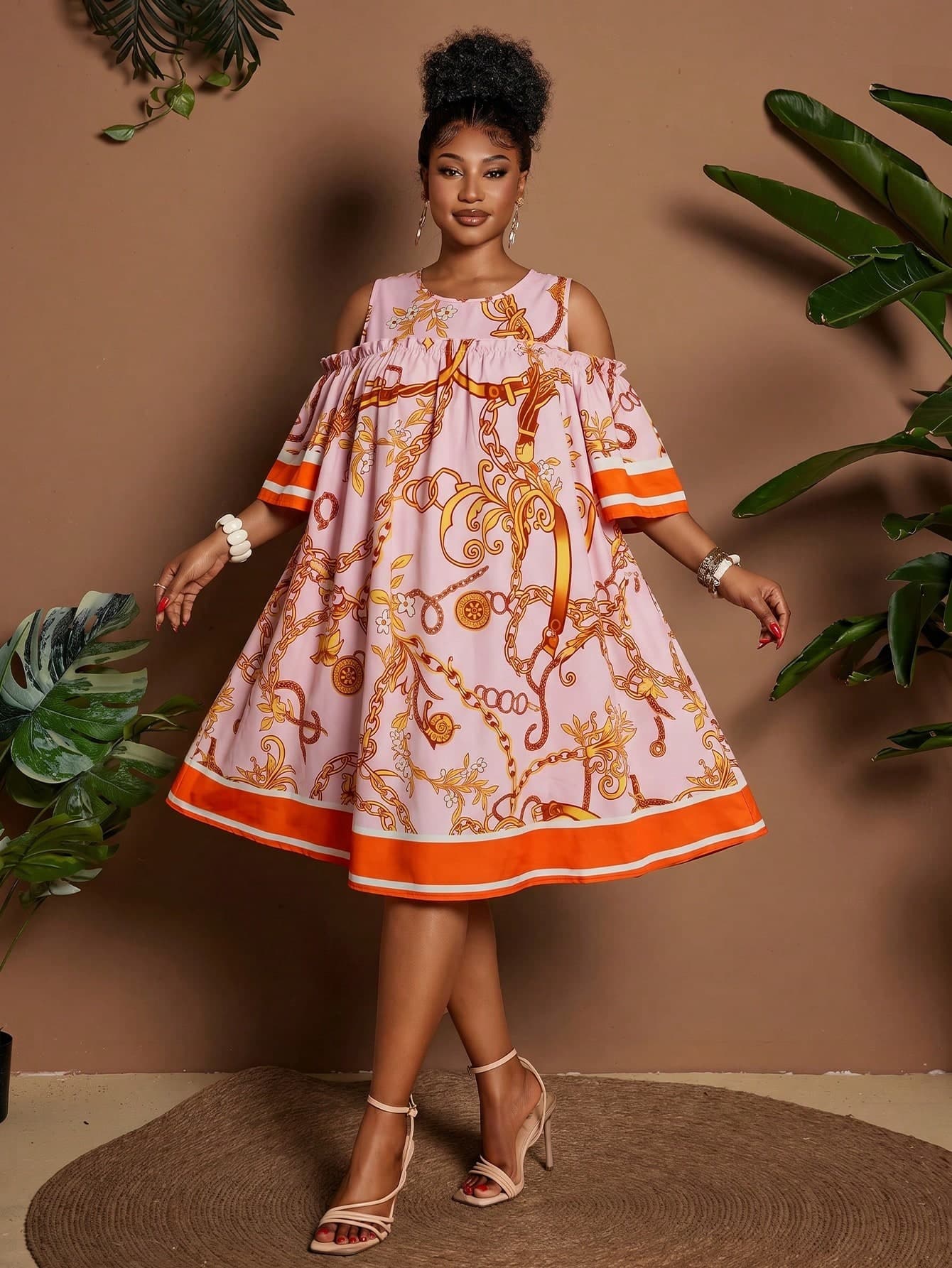 Maweii Summer Off-Shoulder Round Neck Cartoon Floral Casual Vacation Dress
