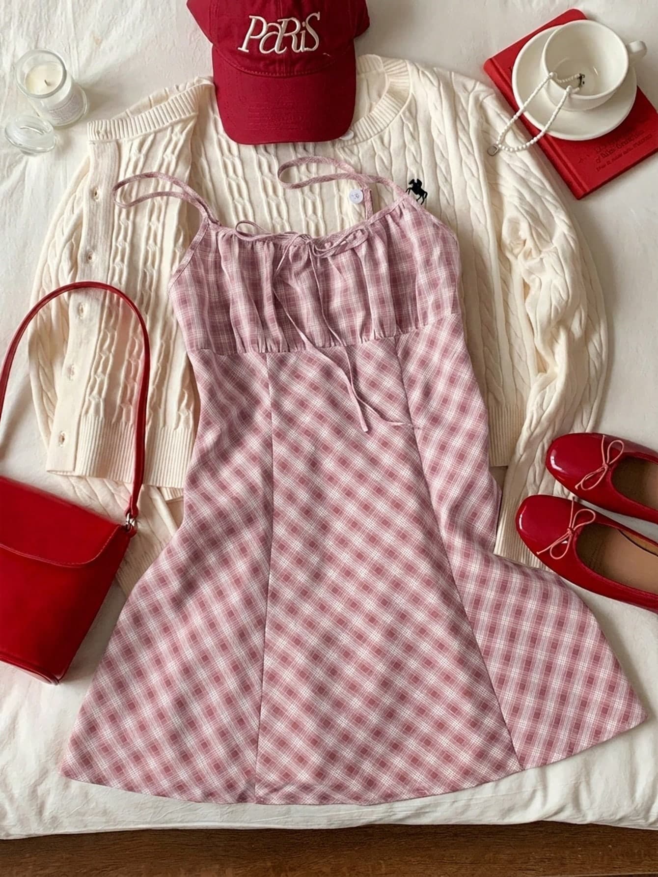 Comfortcana Women's Plaid Lace-Up Spaghetti Strap Vacation Dress