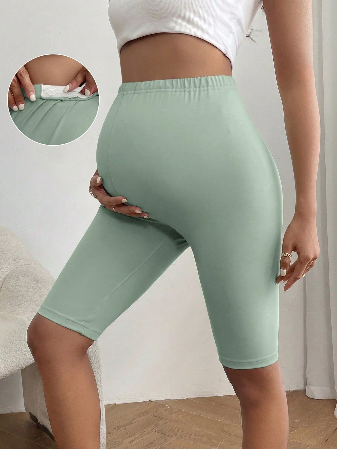 SHEIN Maternity Solid Color Adjustable Waist Casual Basic Versatile Leggings For Daily Wear Gym Sage Green Summer