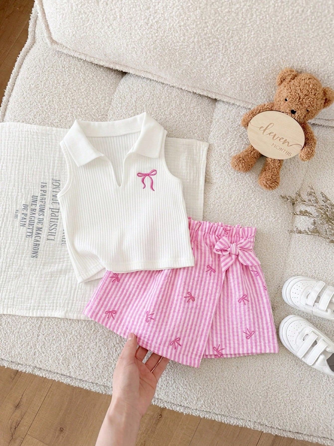 SHEIN Baby Girl Cute Summer Casual Knit White Polo Shirt & Striped Bow Tie Elastic Waist Shorts Set