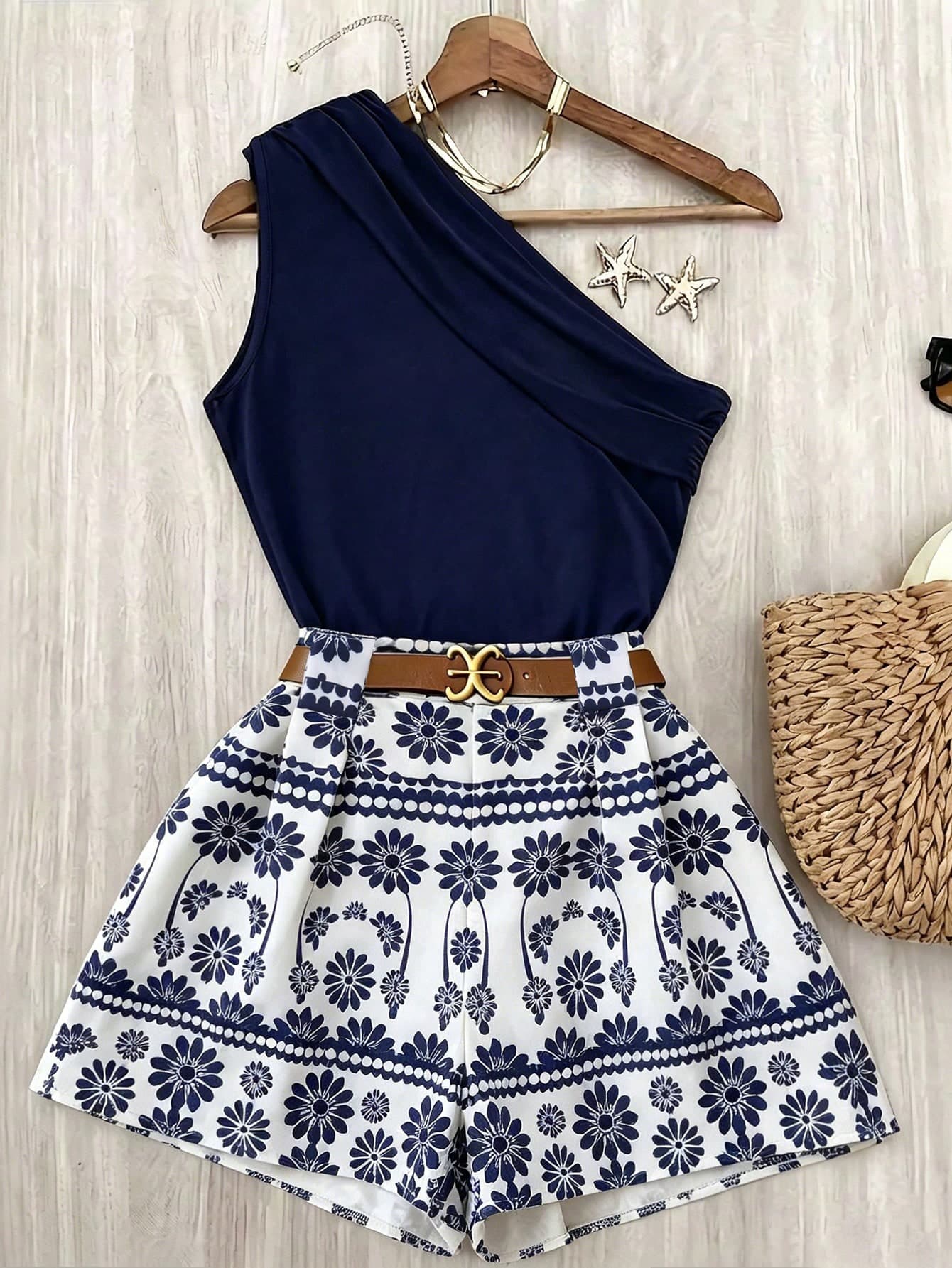 Roelina Casual Commuting High Elasticity Solid Brown Pleated Top And White Elastic Waist Pants 2-Piece Set