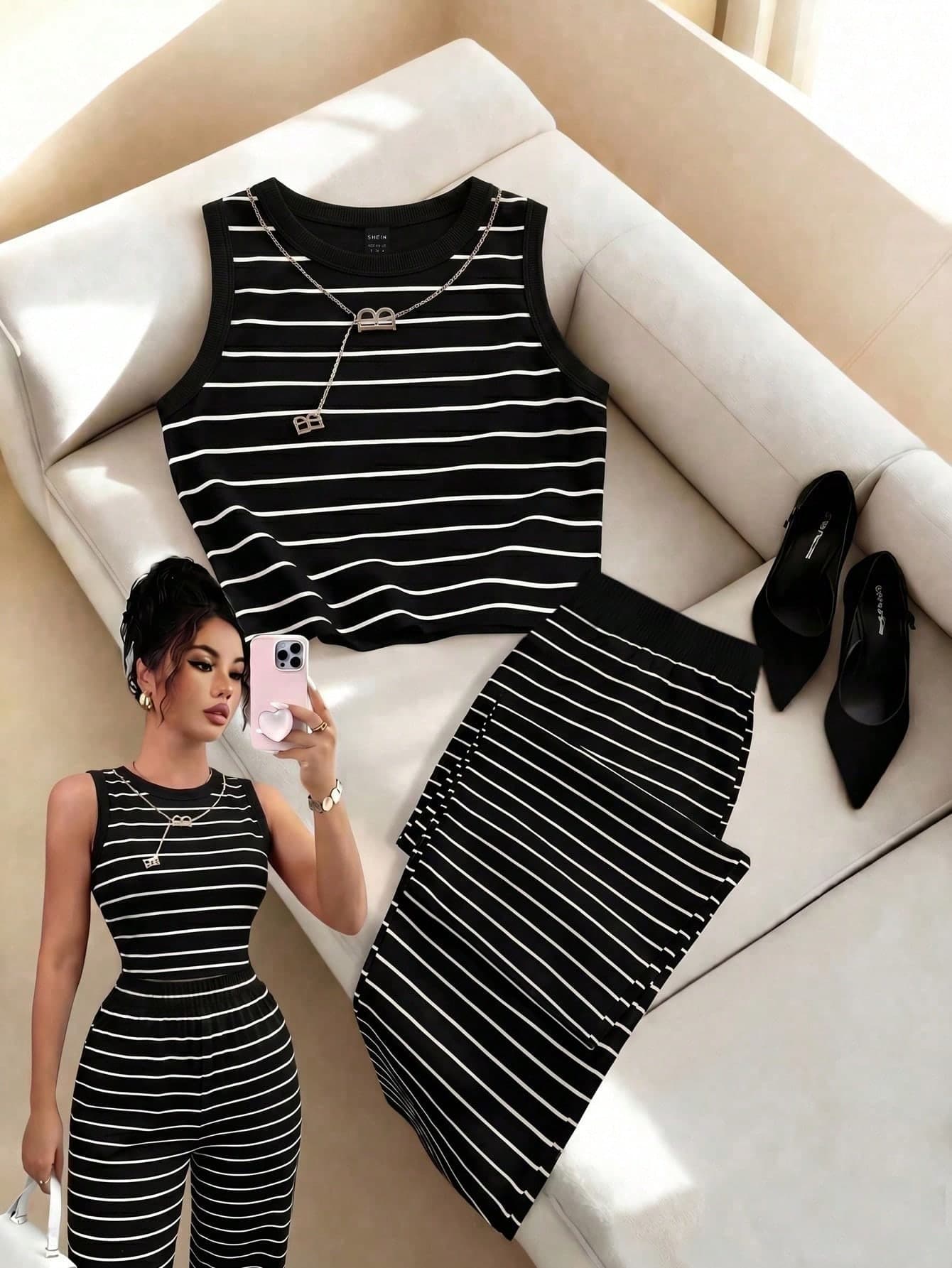 SHEIN Franclia Black And White Striped Cotton Sleeveless Top & Wide Leg Pants Set,Soft Stretchy Summer Everyday Casual Loose Fit Vacation Outfits For Women