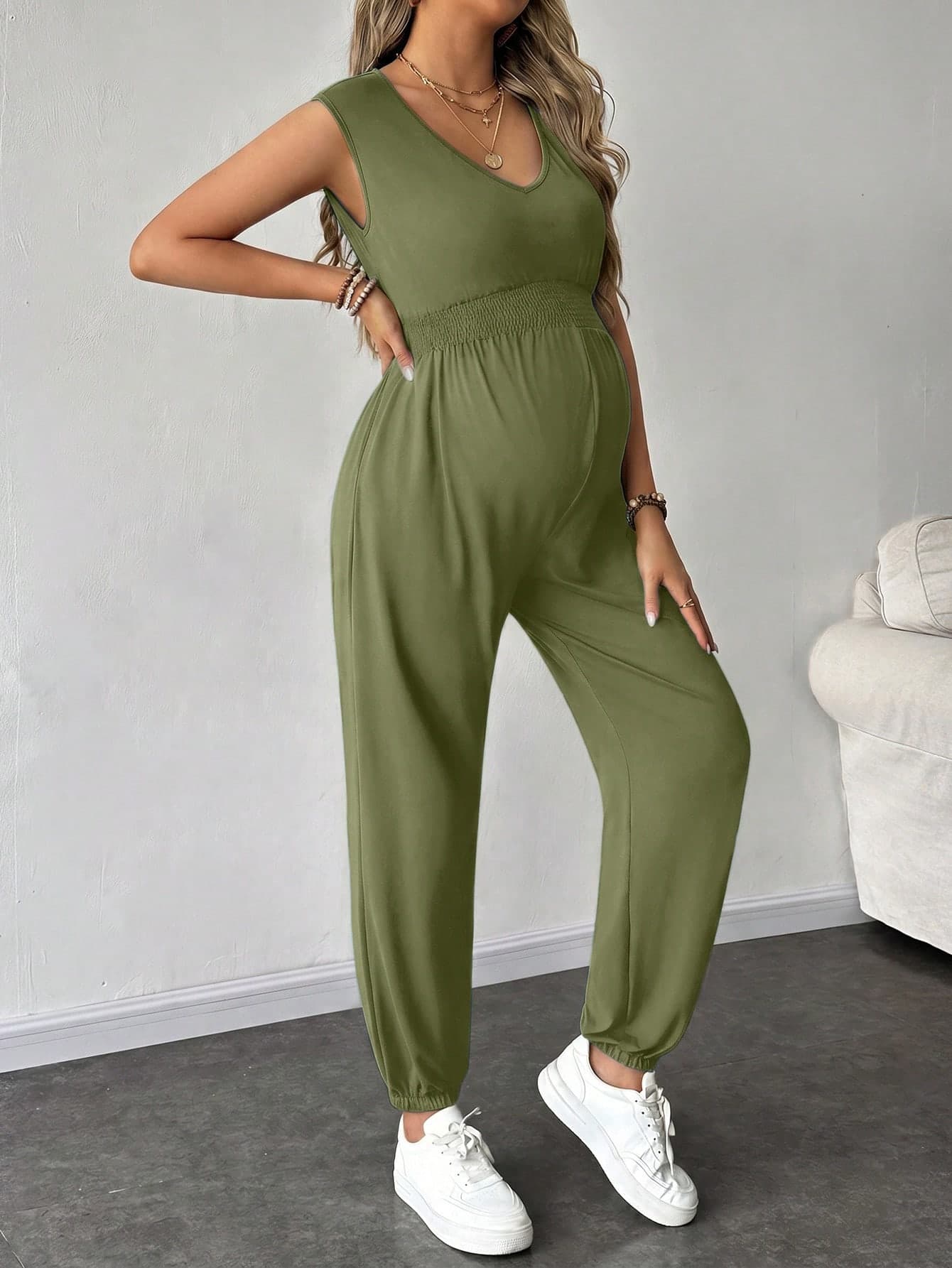 SHEIN Maternity Casual Solid Color Drawstring Jumpsuit Photoshoot Summer