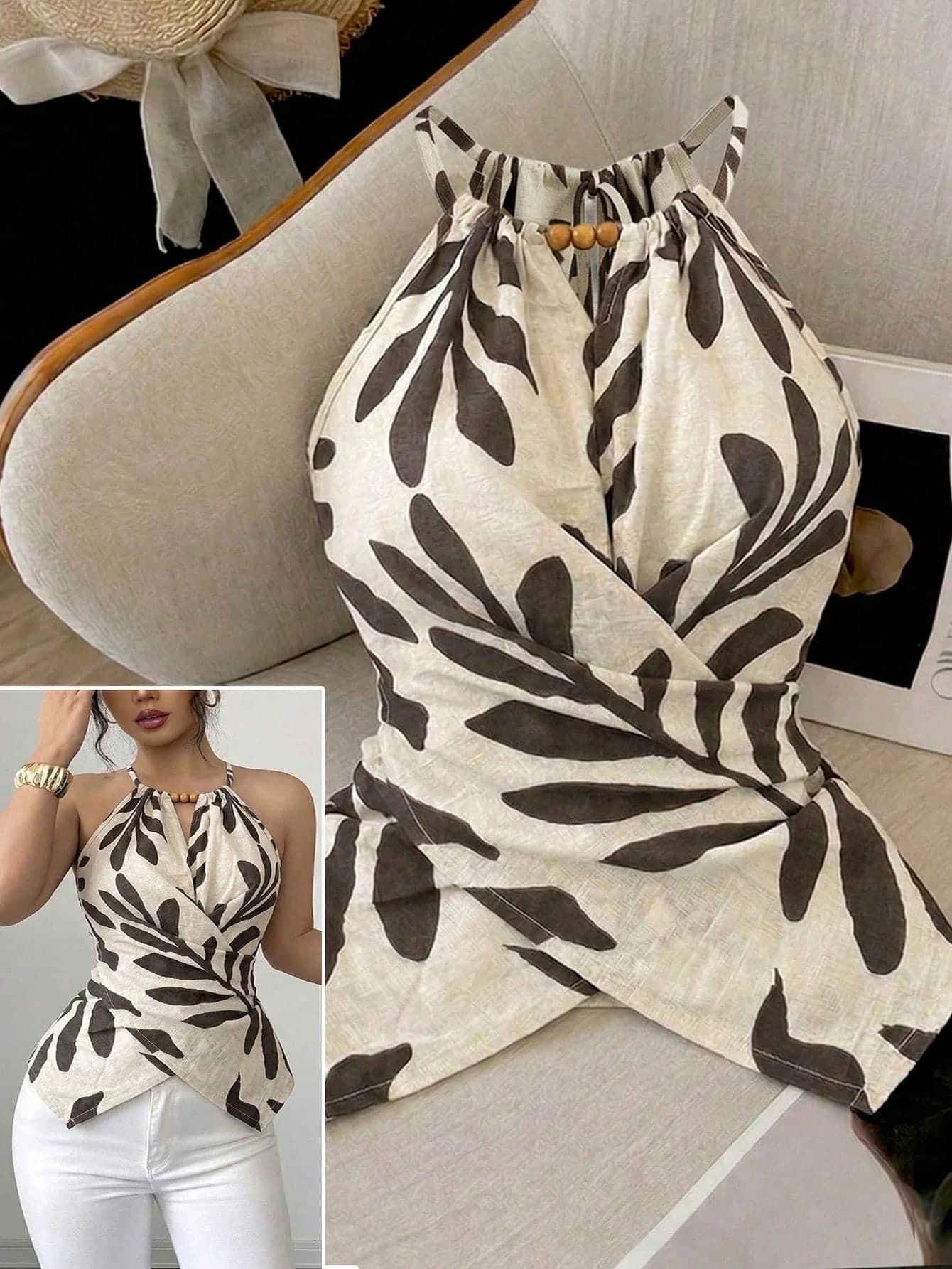 GlowEve CURVE Women's Elegant Leaf Print Halter Neck Tank Top,Beige Summer Boho Vacation Holiday Sleeveless Bow Tie Wood Bead Asymmetric Hem Criss-Cross Slim Top