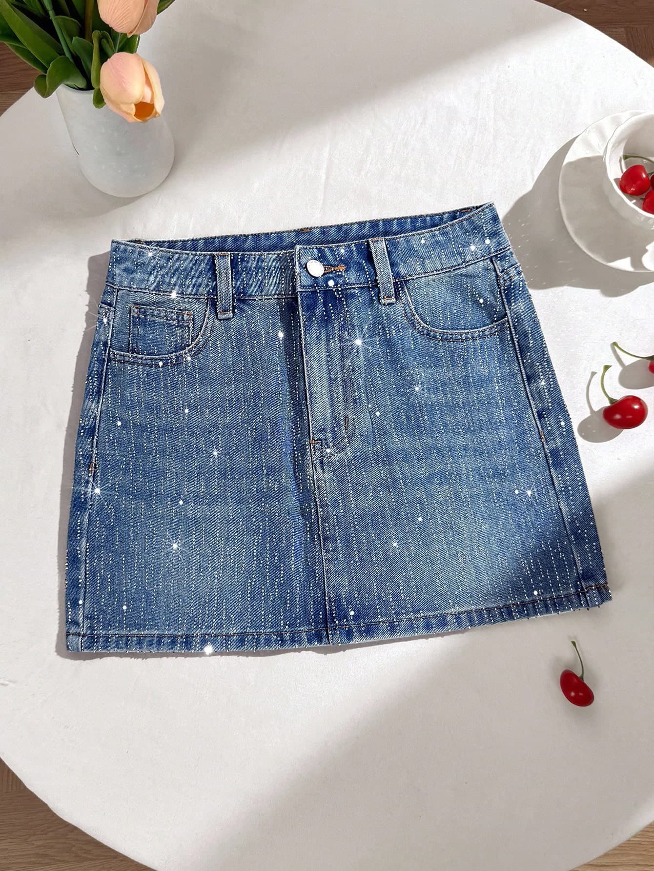 Comfortcana Women's Fully Rhinestoned Fashionable Denim Mini Skirt