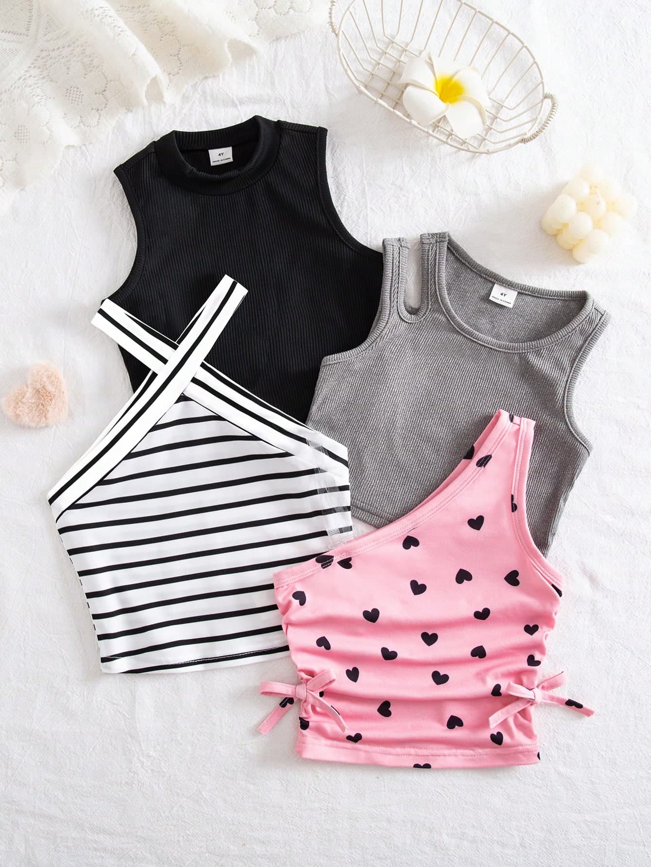SHEIN 4pcs Young Girl Knitted Solid Striped Heart Pattern Asymmetric Pleated Casual Top Set