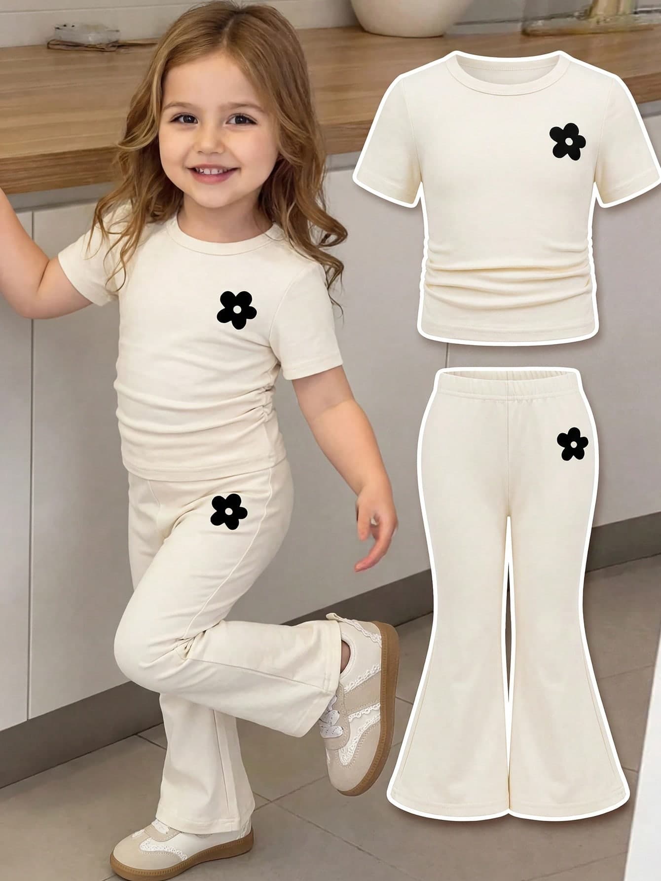 SHEIN Babygirl Casual Apricot Floral Knit Short Sleeve T-Shirt & Elastic Waist Pants Set