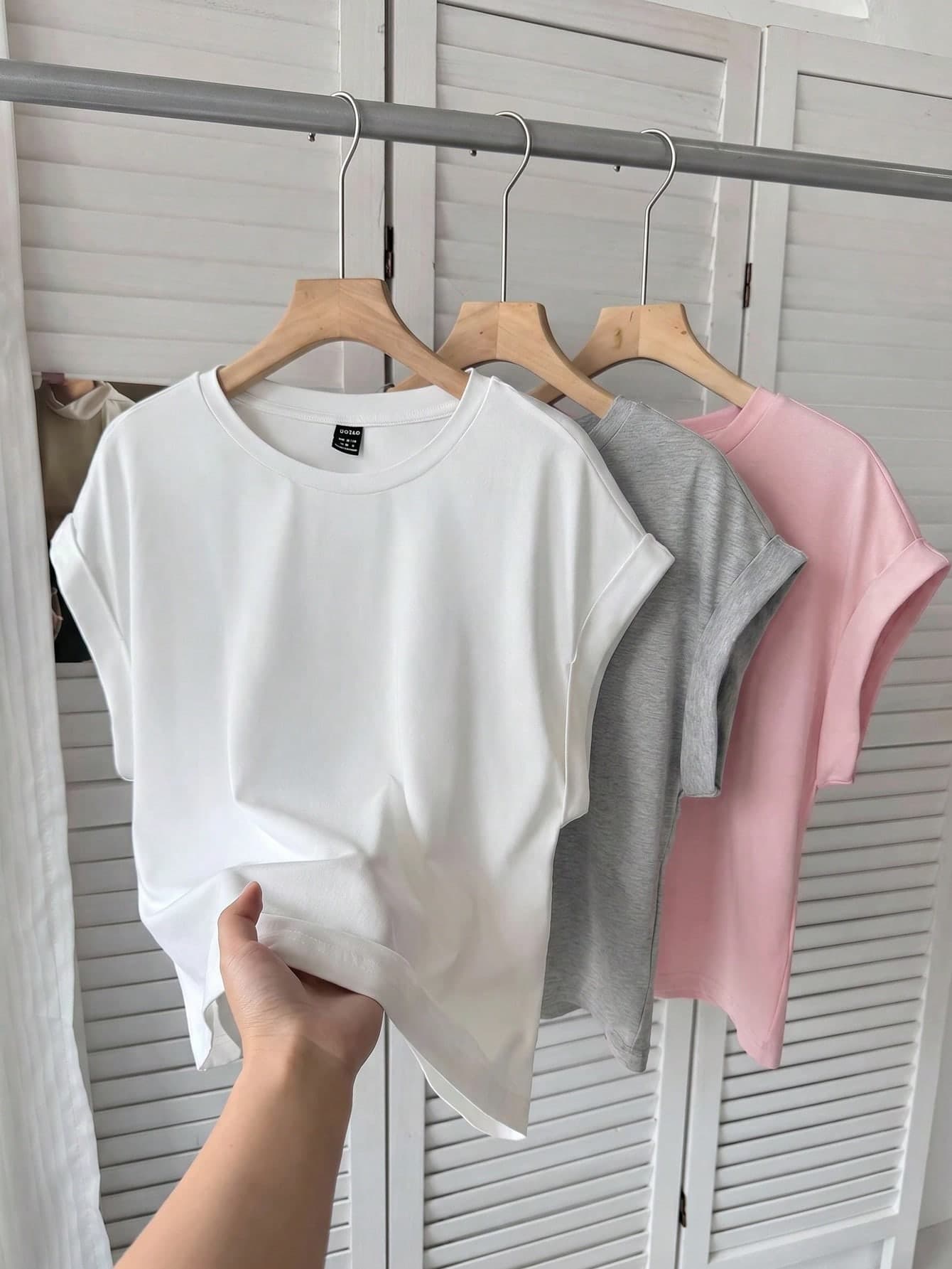 SHEIN LUNE 3pcs/Set Women's Casual Solid Color Basic Short Sleeve T-Shirt Cute Crop Top Streetwear Festival,White Grey Light Pink,Summer,Casual,Everyday Home