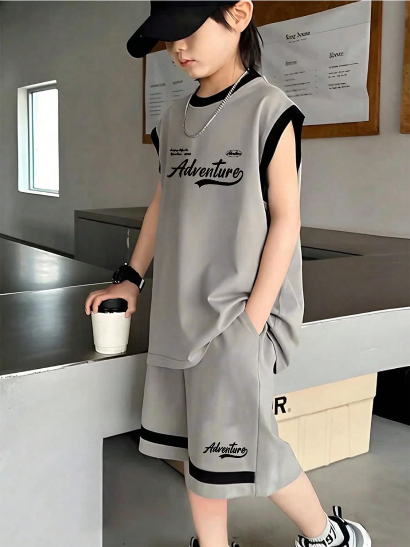SHEIN Genkimix Kids 2pcs/Set Boys Casual Sports Daily Wear Round Neck Loose Letter Print Short Sleeve T-Shirt And Elastic Waist Shorts, Summer Basketball Outfit For