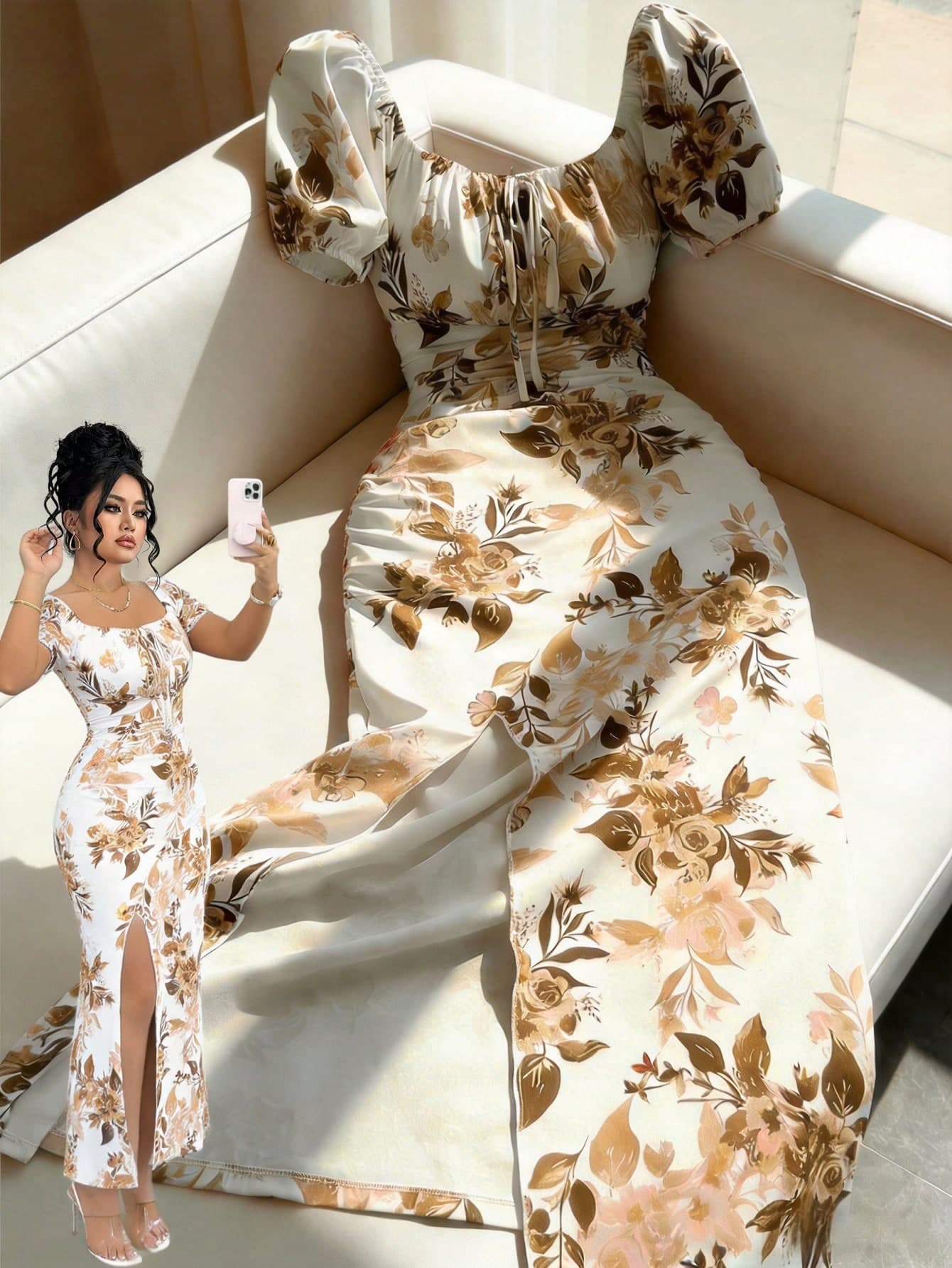 GlowEve CURVE Elegant Square Neck Short Sleeve Floral Print White Background Plus Size Dress, Suitable For Spring, Summer And Autumn