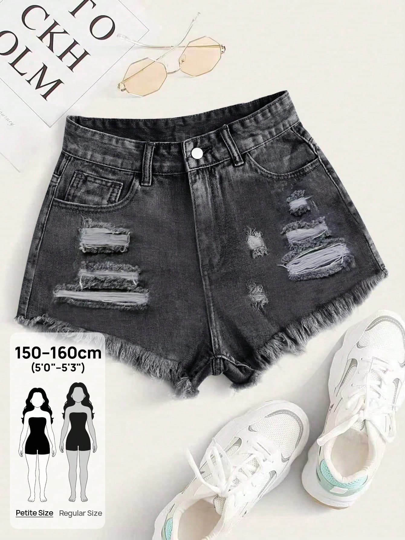 SHEIN PETITE Summer Vacation Edgy Grunge Streetwear Sexy Distressed Frayed Hem Pastal High Waist Denim Daily Wear Street Style Women's Petite Fit Shorts Swimming